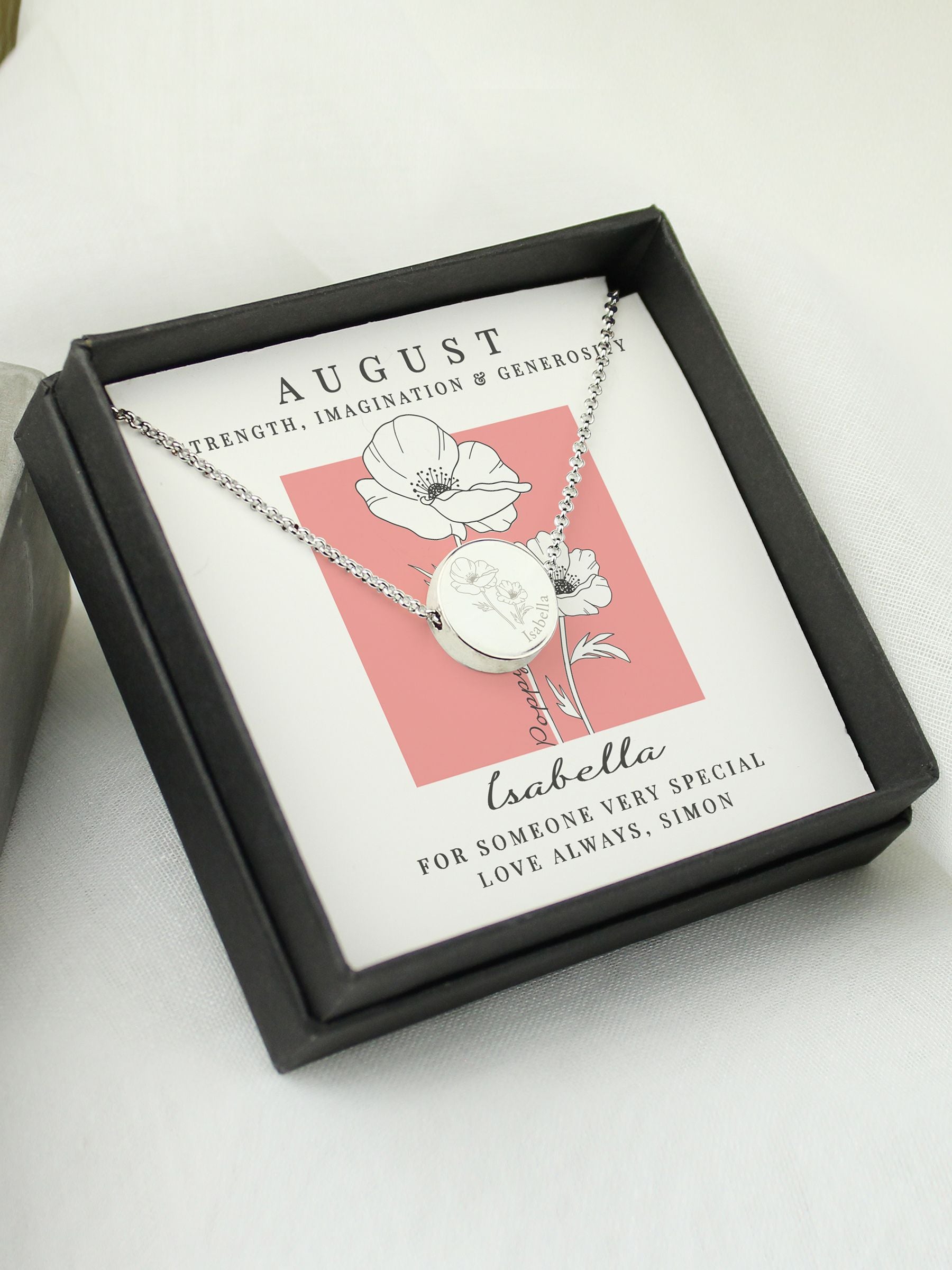 PMC personalised August birth flower necklace, UK version