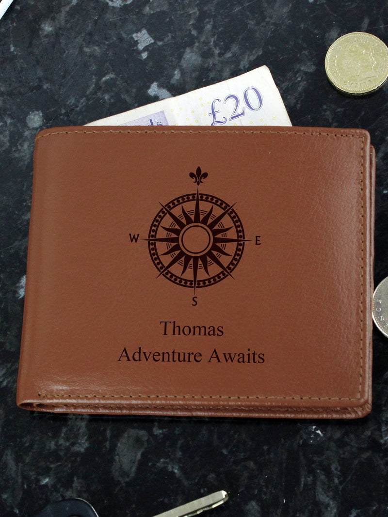 PMC personalised compass brown leather wallet, UK version