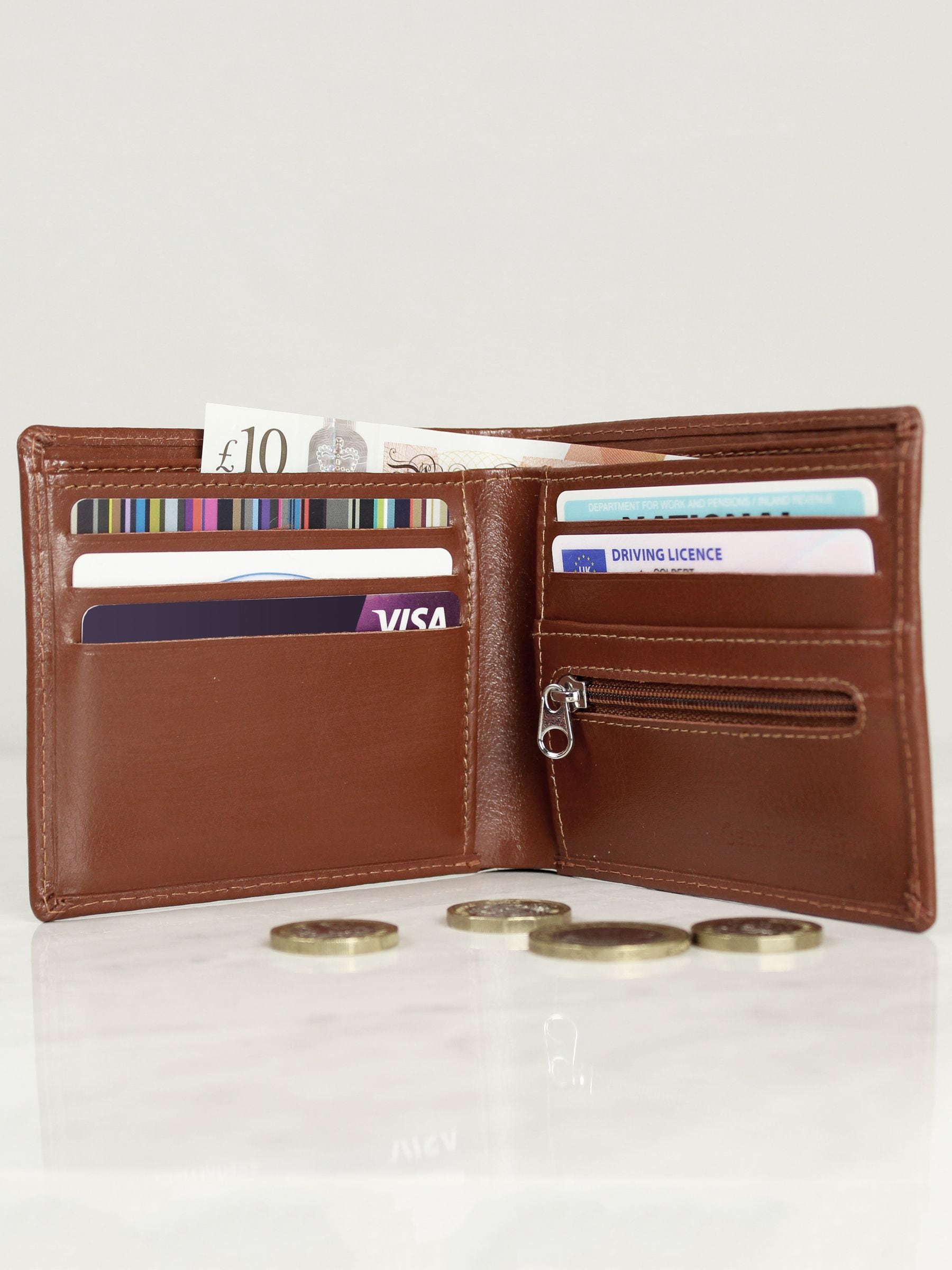 PMC personalised compass brown leather wallet, UK version