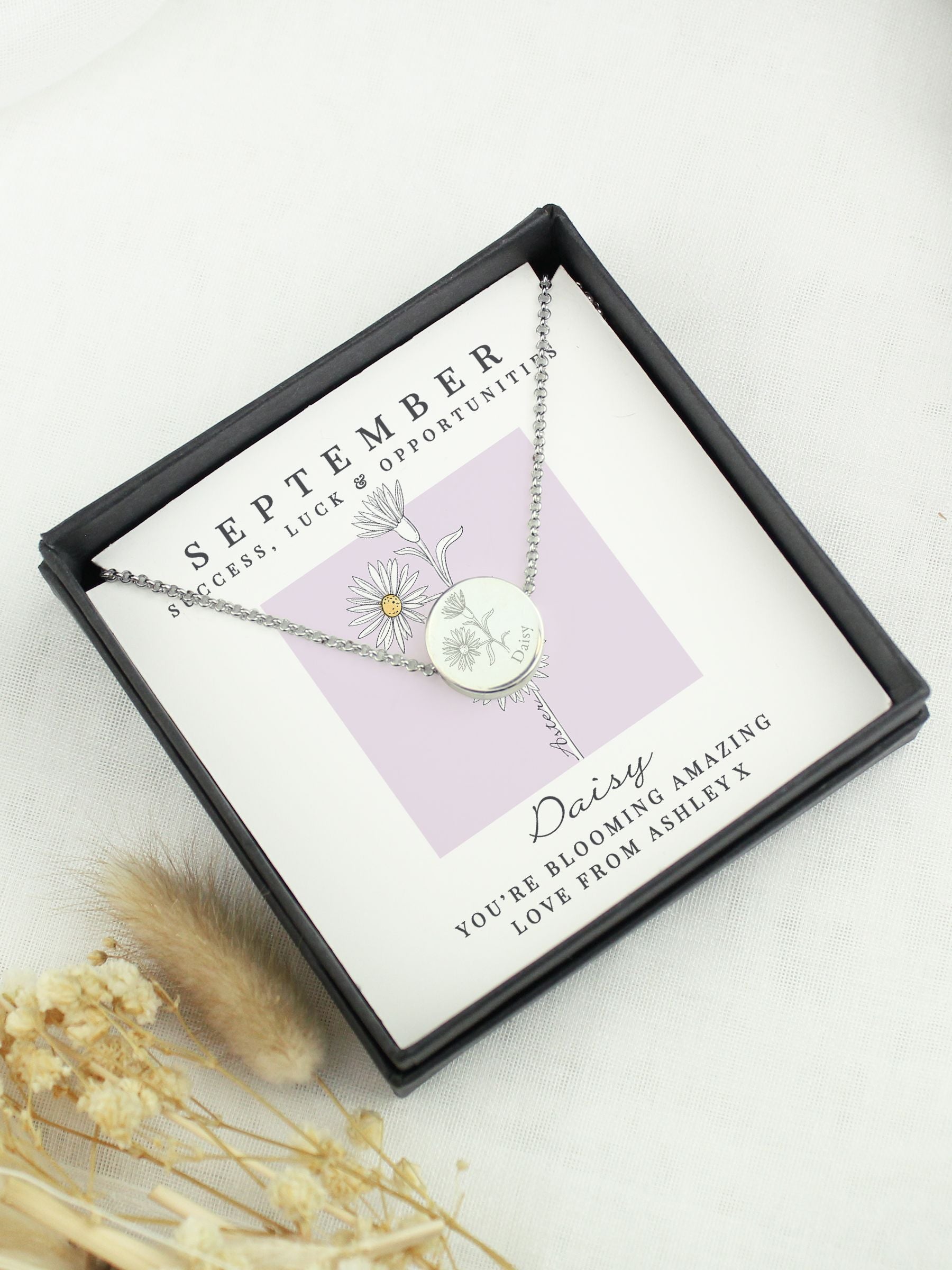 PMC personalised September birth flower necklace, UK version