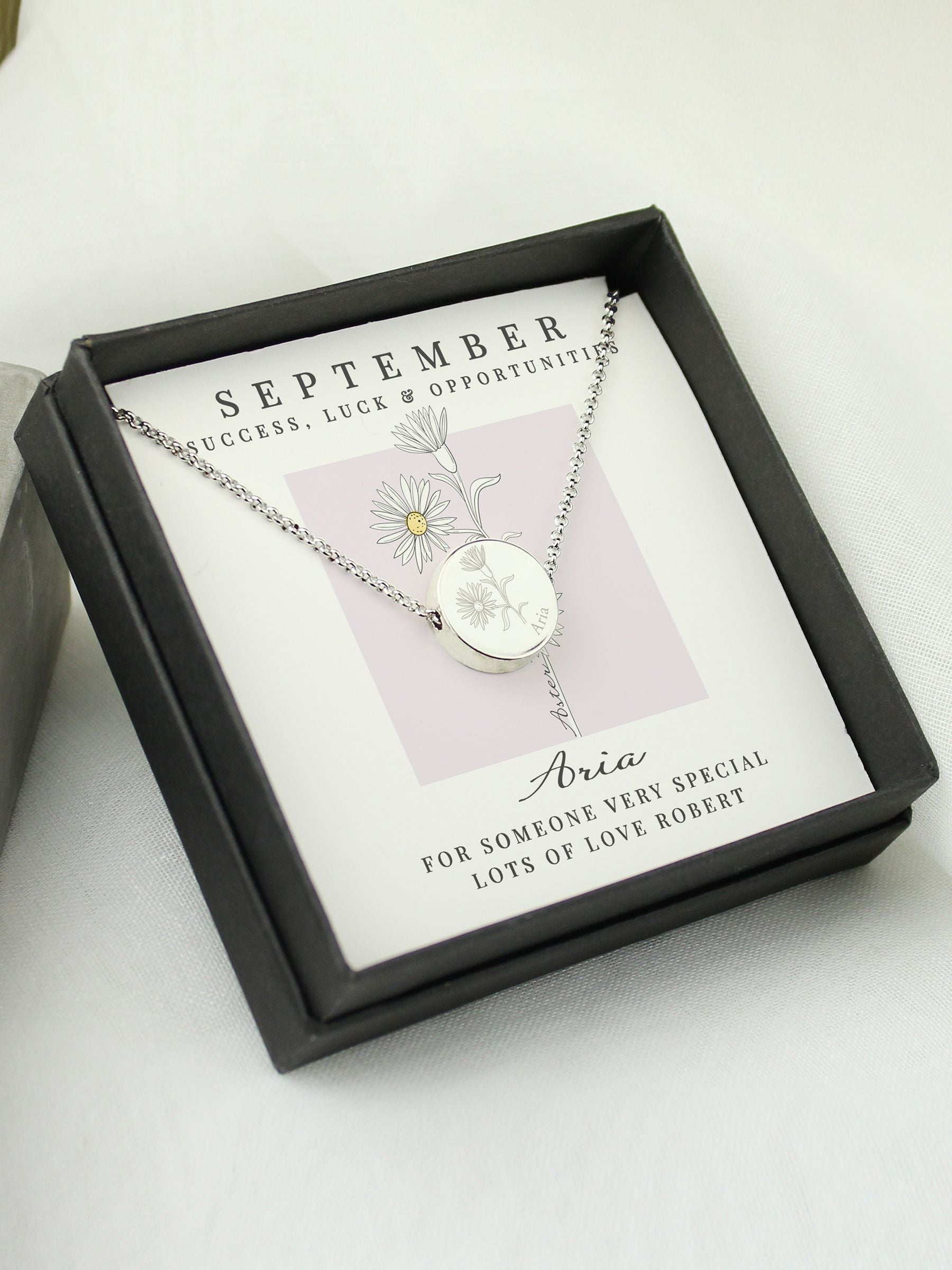PMC personalised September birth flower necklace, UK version