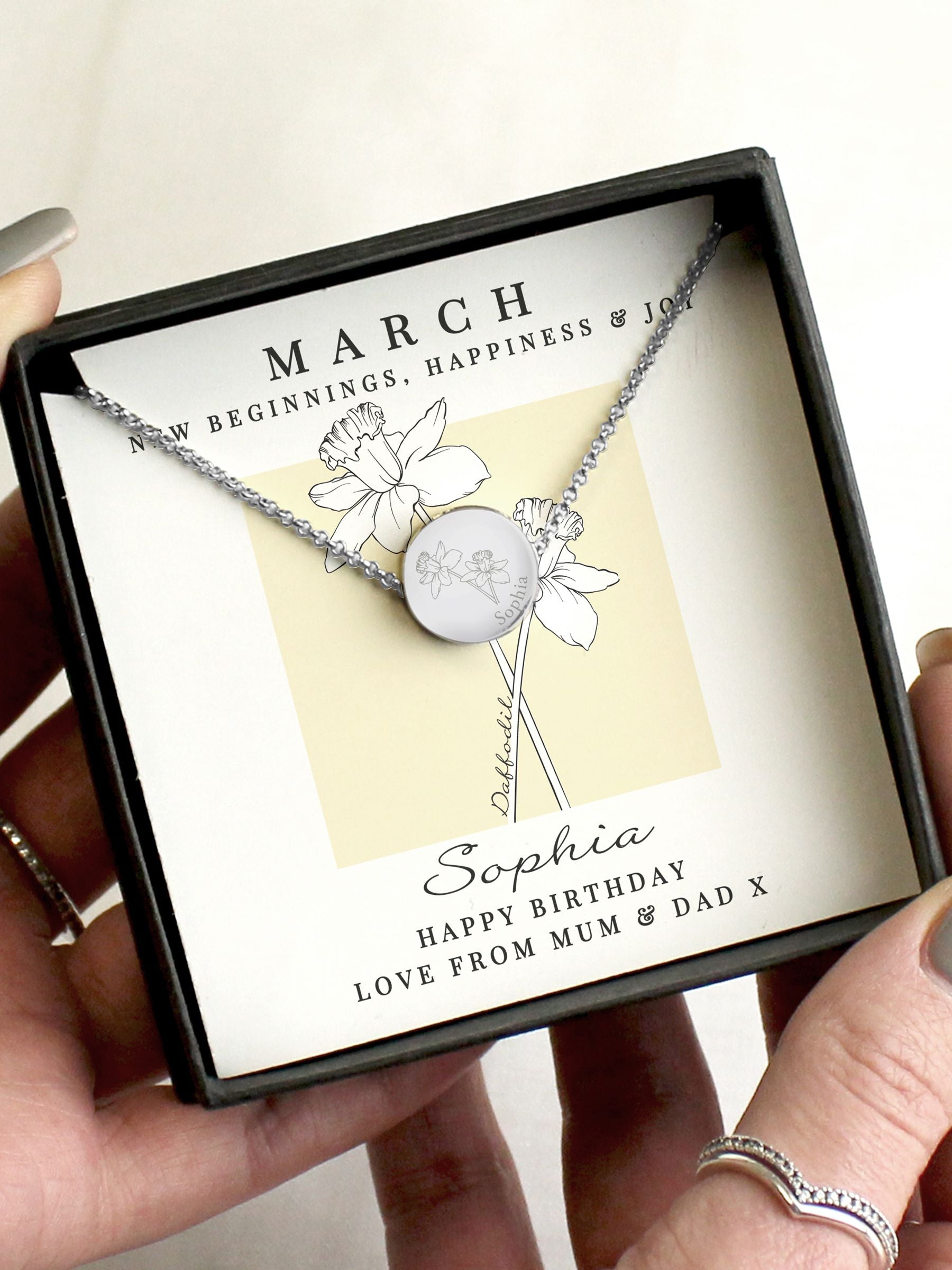 PMC March birth flower necklace and box, imported from the UK