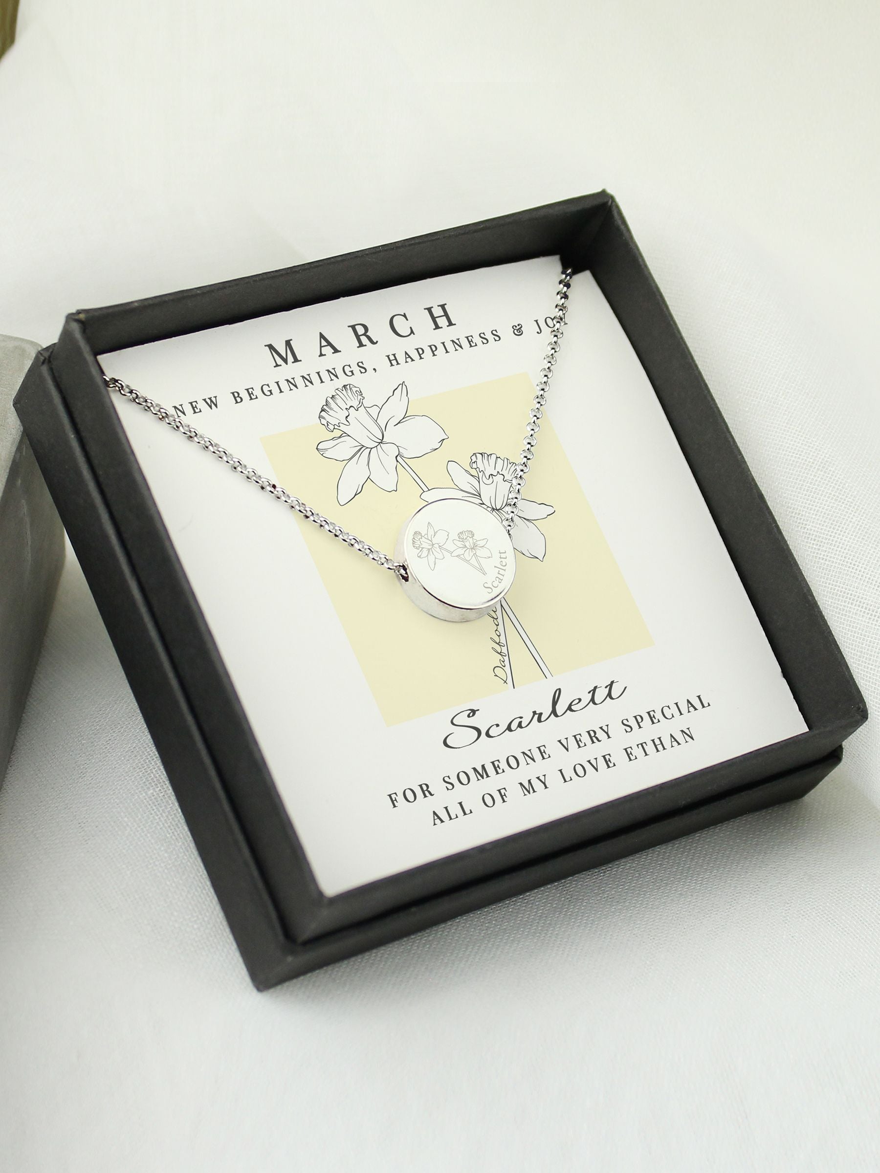 PMC March birth flower necklace and box, imported from the UK