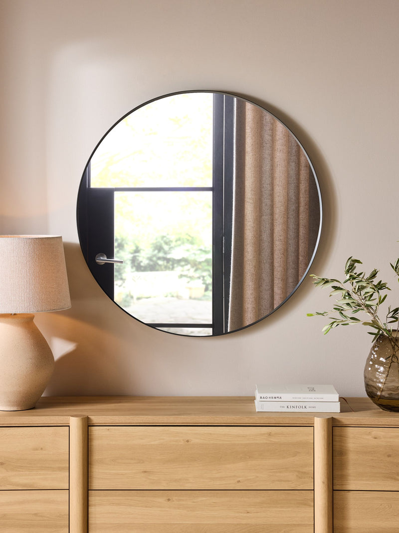 Black metal frame round wall mirror 91cm - British product