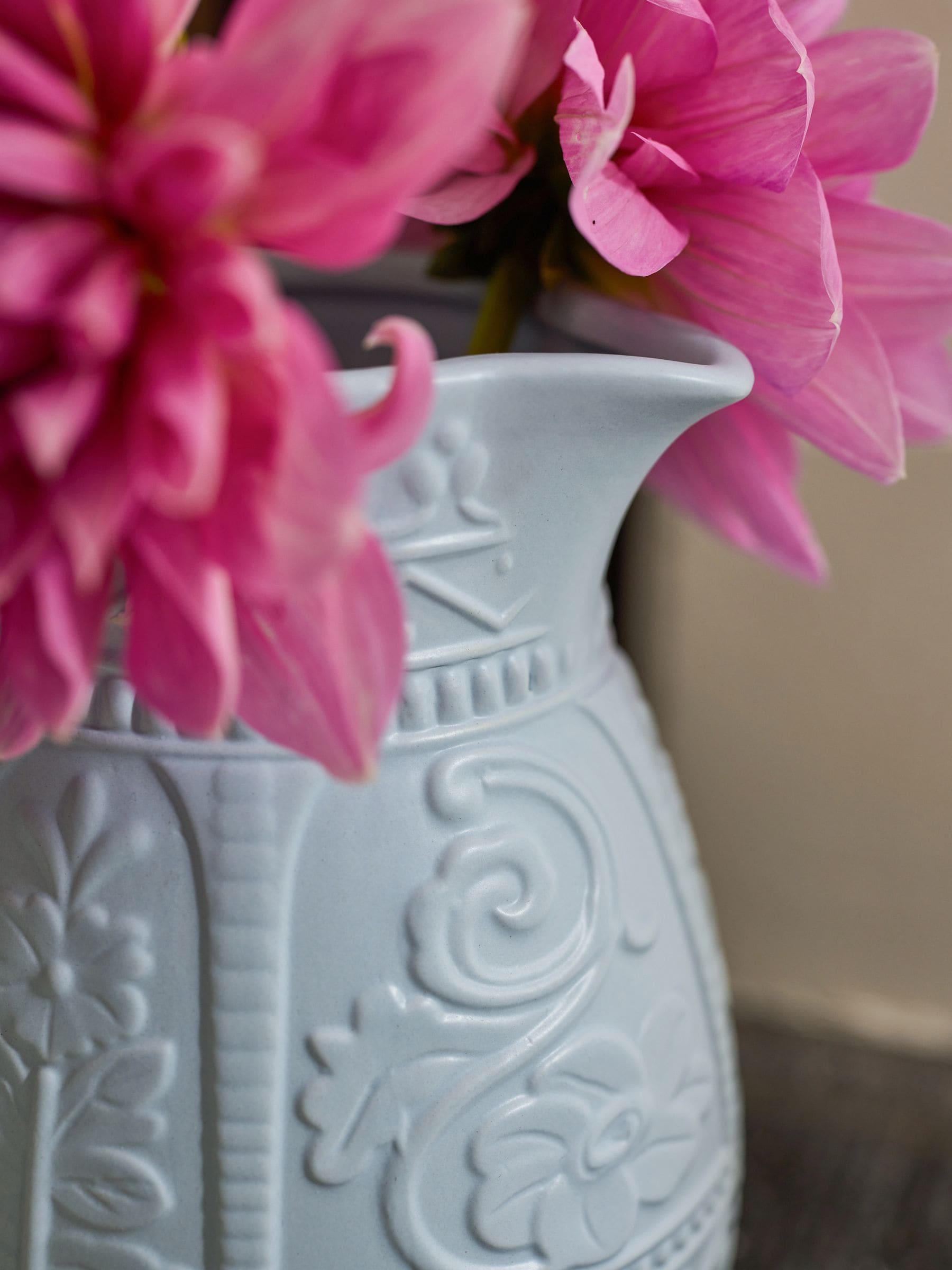 Shabby Chic blue embossed jug vase 22cm (British brand)