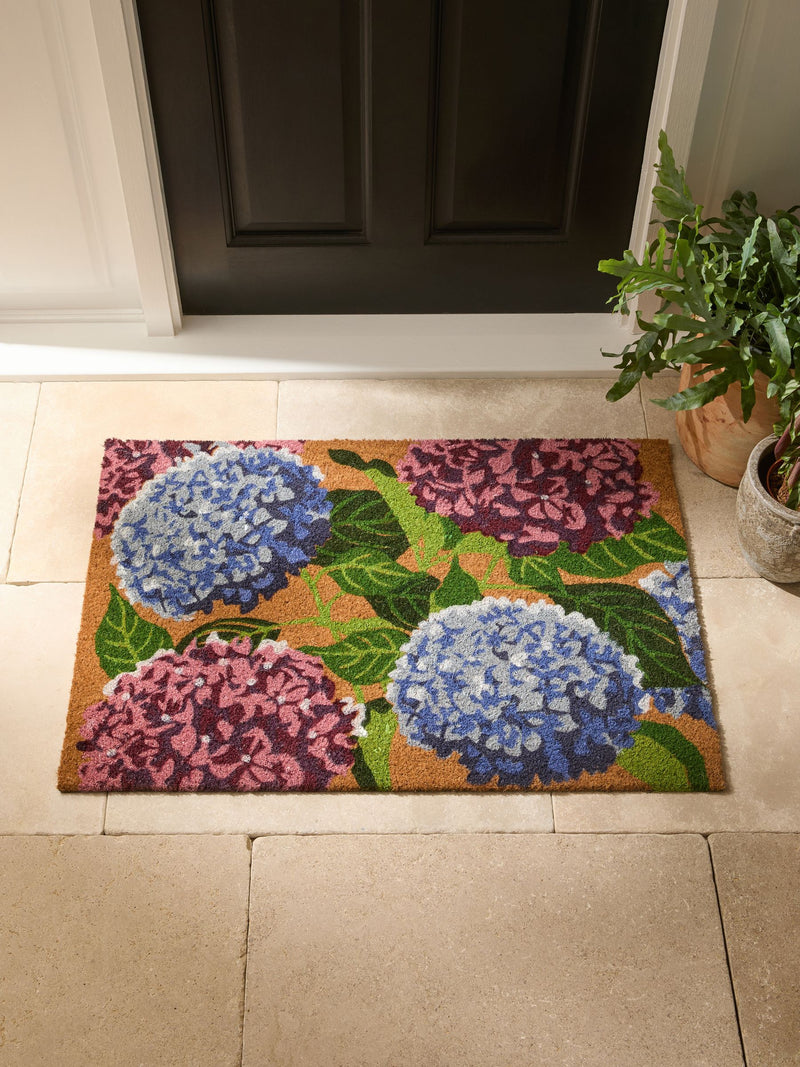Blue Hydrangea Floral coir doormat, various sizes (British brand)