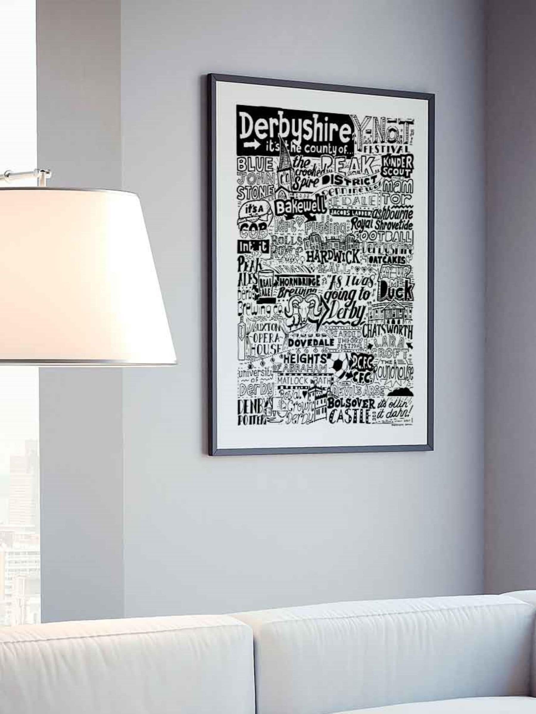 Sketchbook Design Derbyshire landmarks framed print A3, imported from the UK