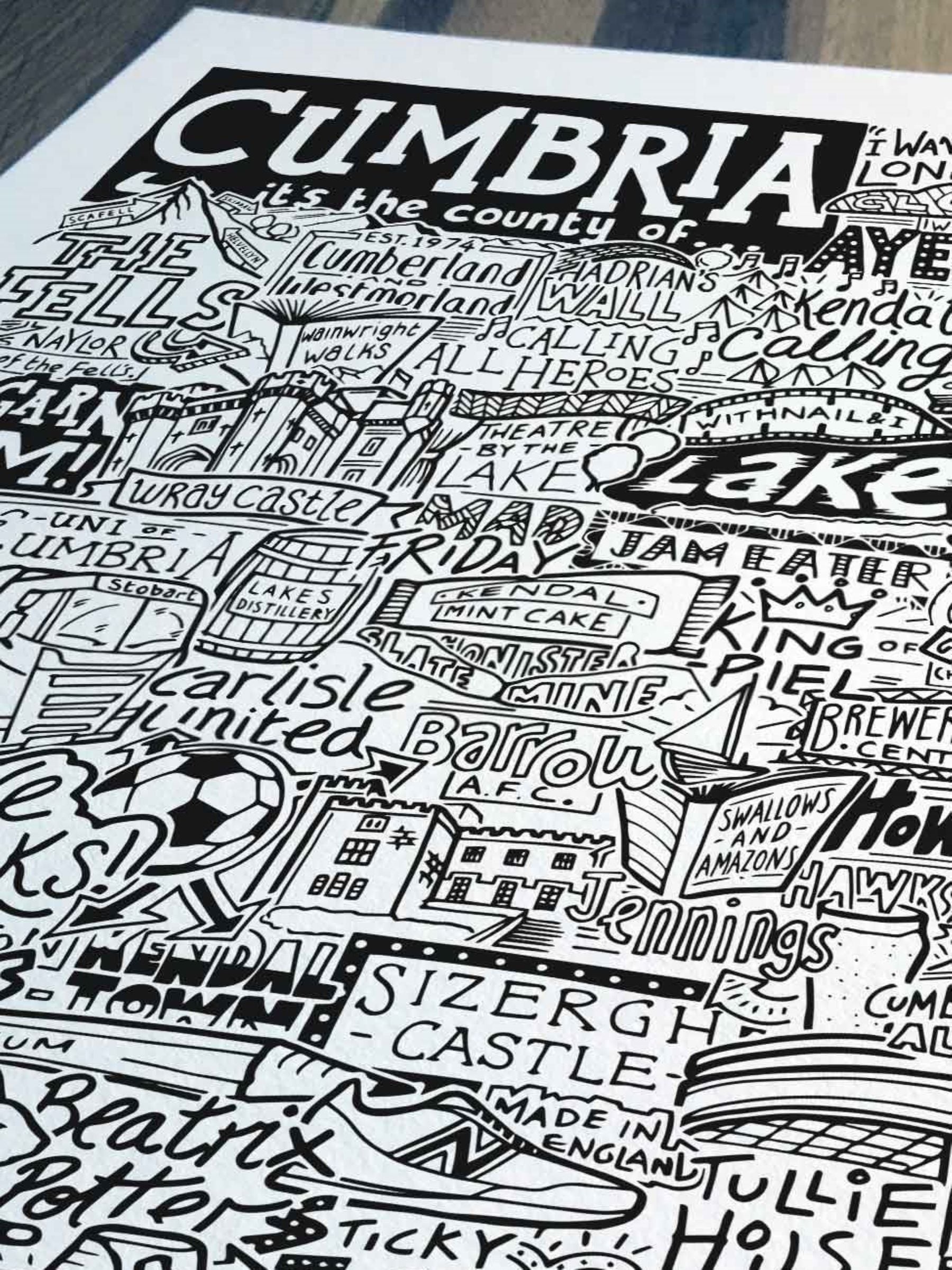 Sketchbook Design Cumbria landmarks framed wall art print A4 (British brand)