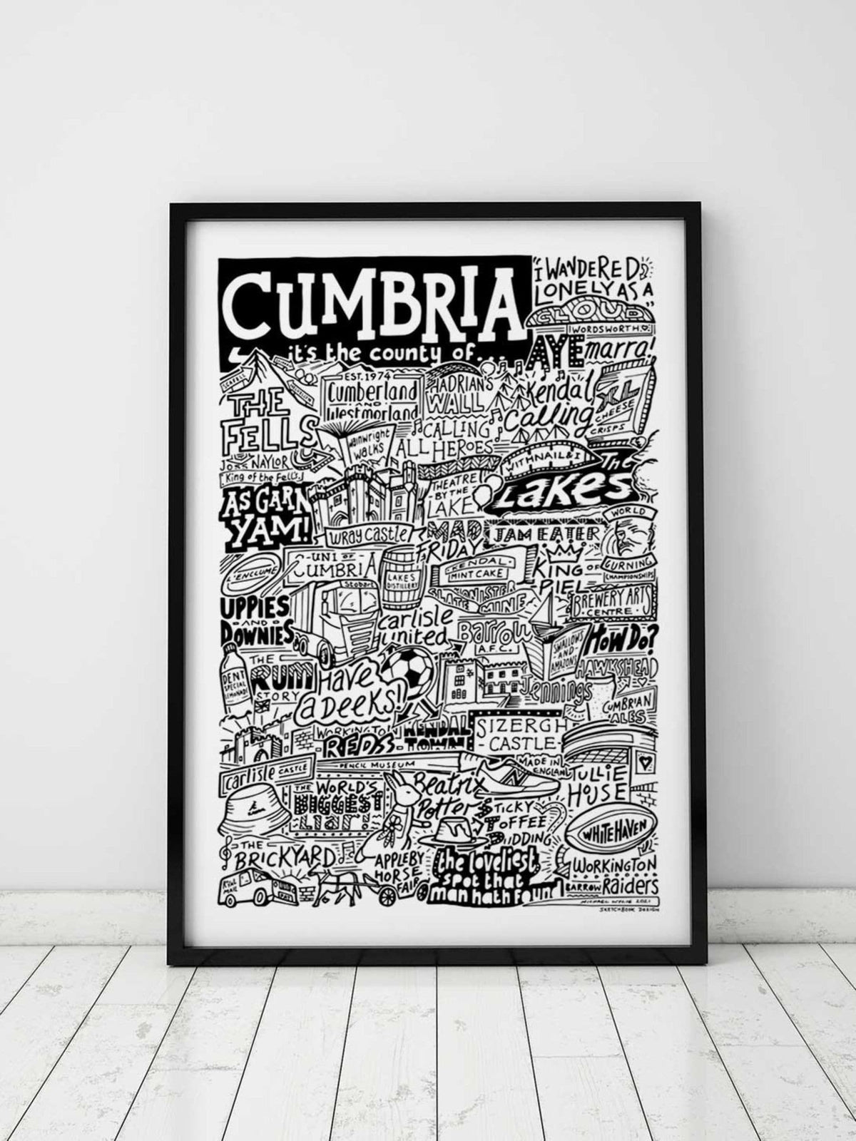Sketchbook Design Cumbria landmarks framed wall art print A4 (British brand)