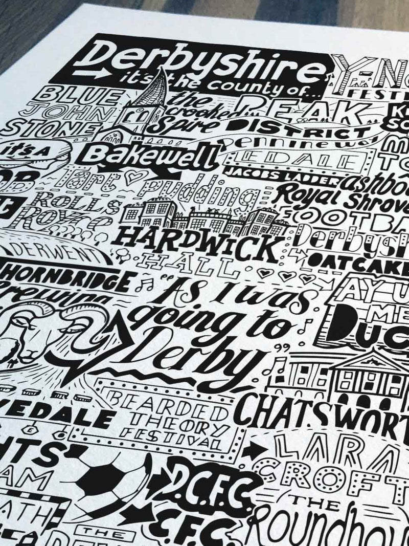 Sketchbook Design Derbyshire landmarks framed wall art print A4, UK version