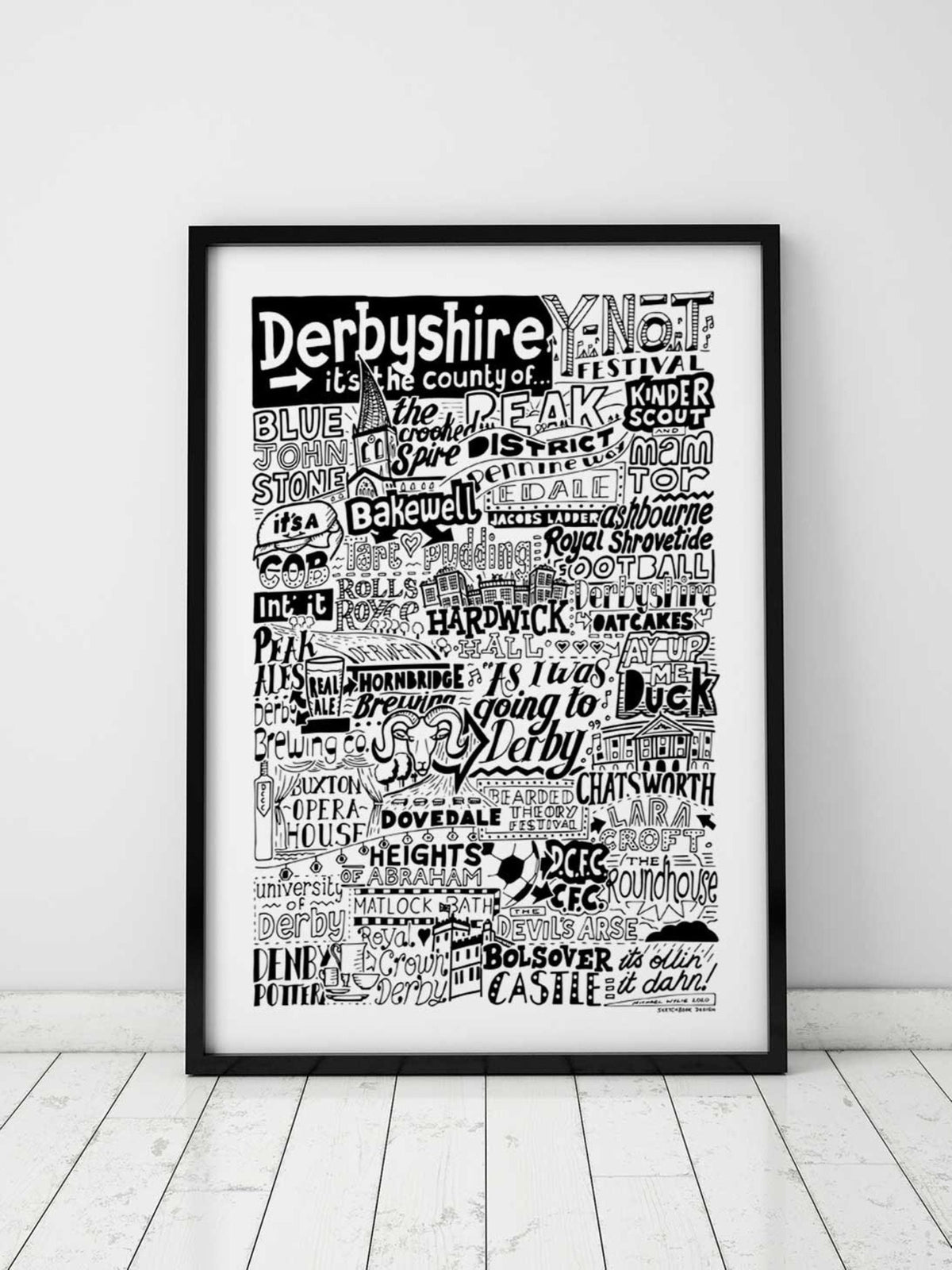 Sketchbook Design Derbyshire landmarks framed wall art print A4, UK version