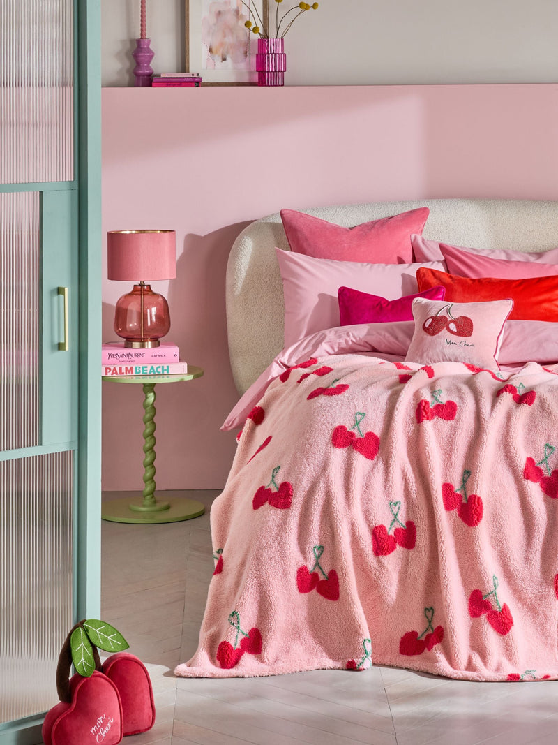 Pink Cherries Borg Fleece Throw, British product