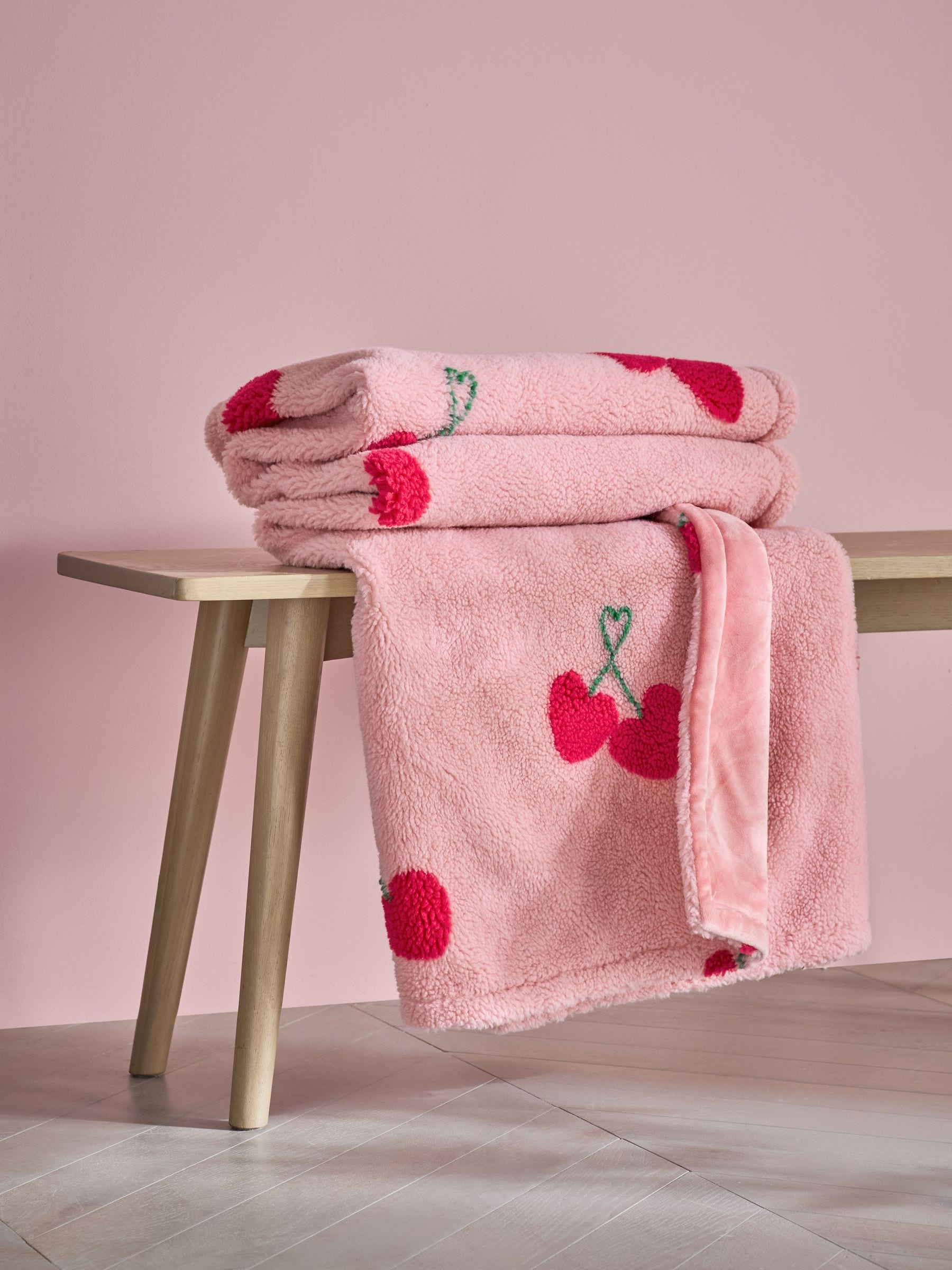 Pink Cherries Borg Fleece Throw, British product