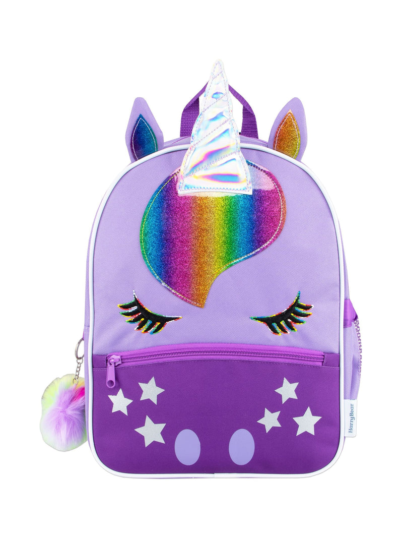 Harry Bear purple unicorn backpack with pom pom keyring, UK version