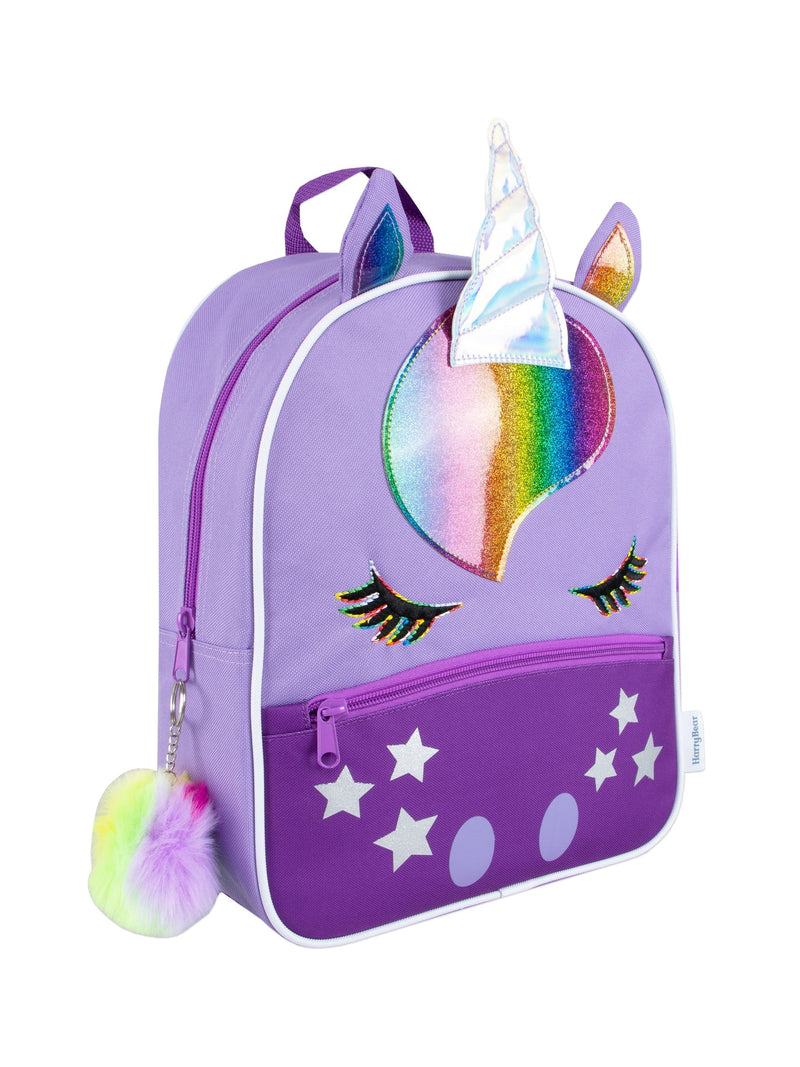 Harry Bear purple unicorn backpack with pom pom keyring, UK version