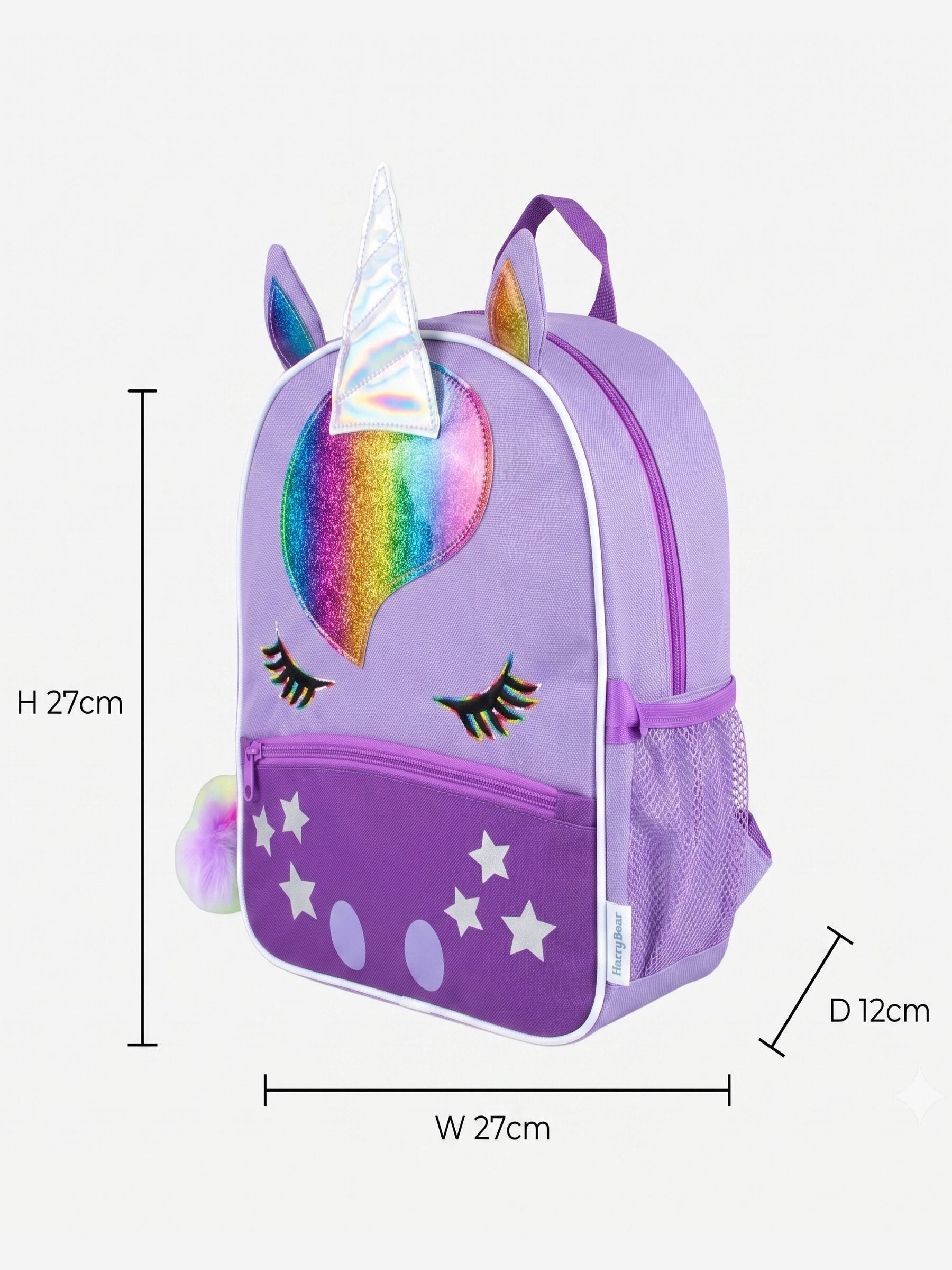 Harry Bear purple unicorn backpack with pom pom keyring, UK version