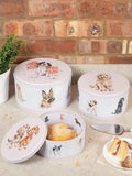 Set of Three Blue Nesting Cake Tins with Woodland Illustrations and Teal Edging