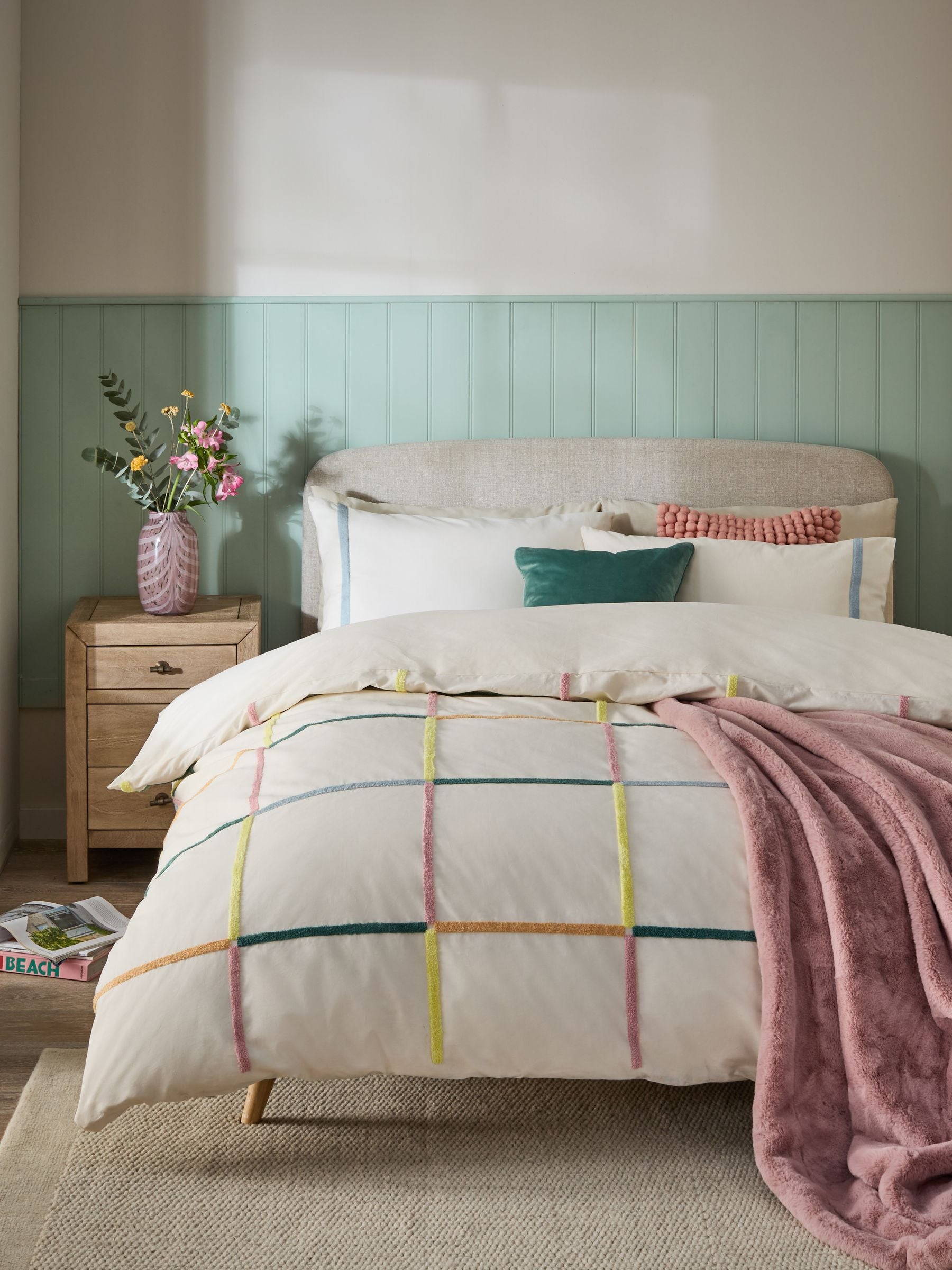 Multi Tufted Check 100% Cotton Duvet Cover and Pillowcase Set