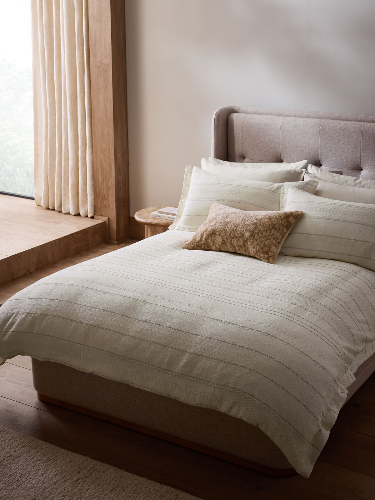 N. Premium waffle stripe duvet cover and pillowcase set, imported from the UK