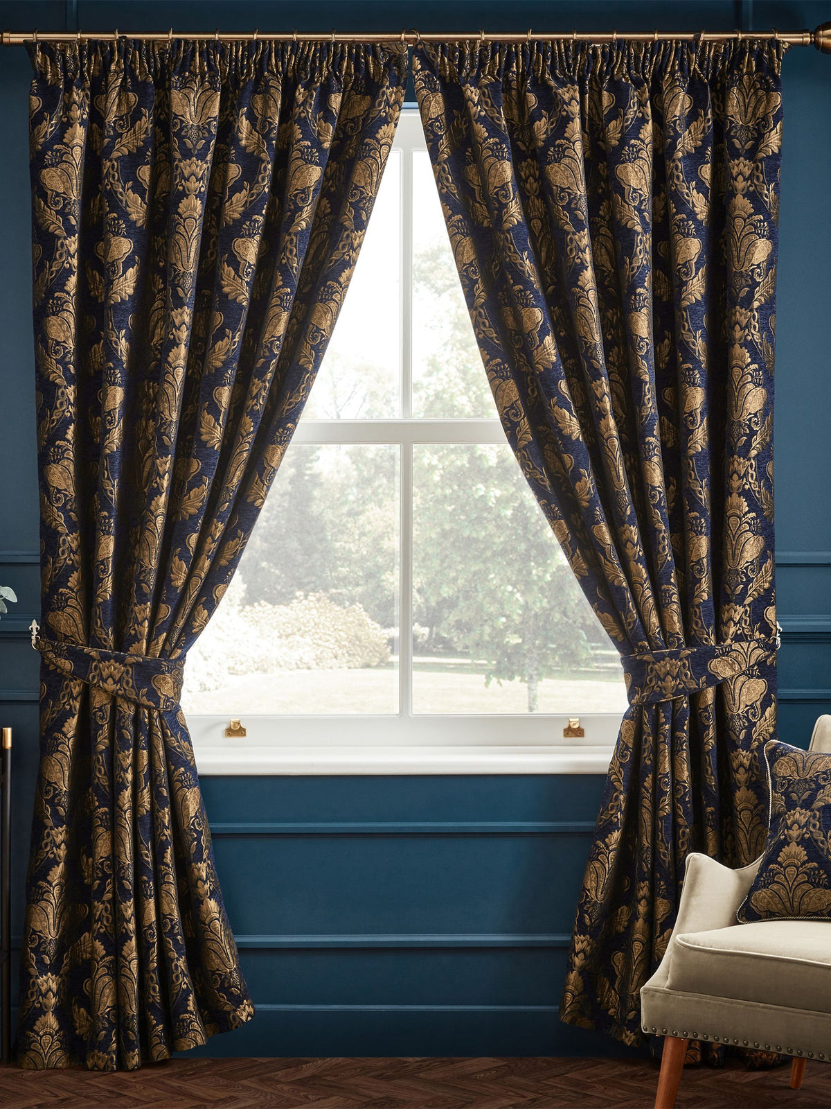 Paoletti navy damask jacquard pencil pleat curtains (British brand)