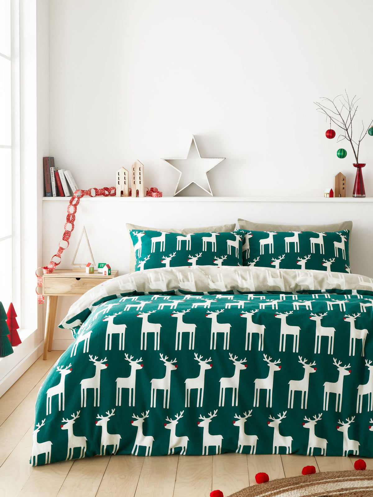 Fusion Green Christmas Reindeer 100% Cotton Brushed Duvet Cover Set