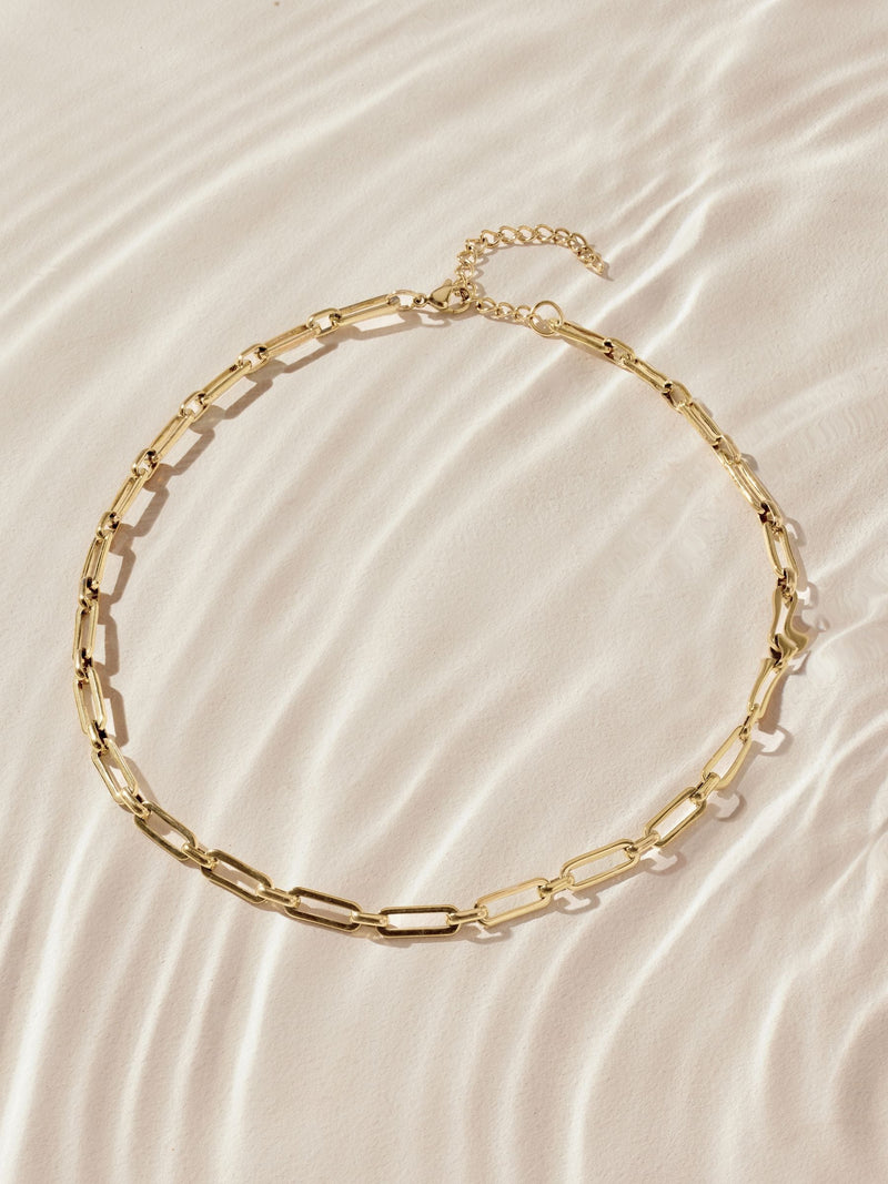 Gold tone stainless steel paperclip chain necklace, imported from the UK