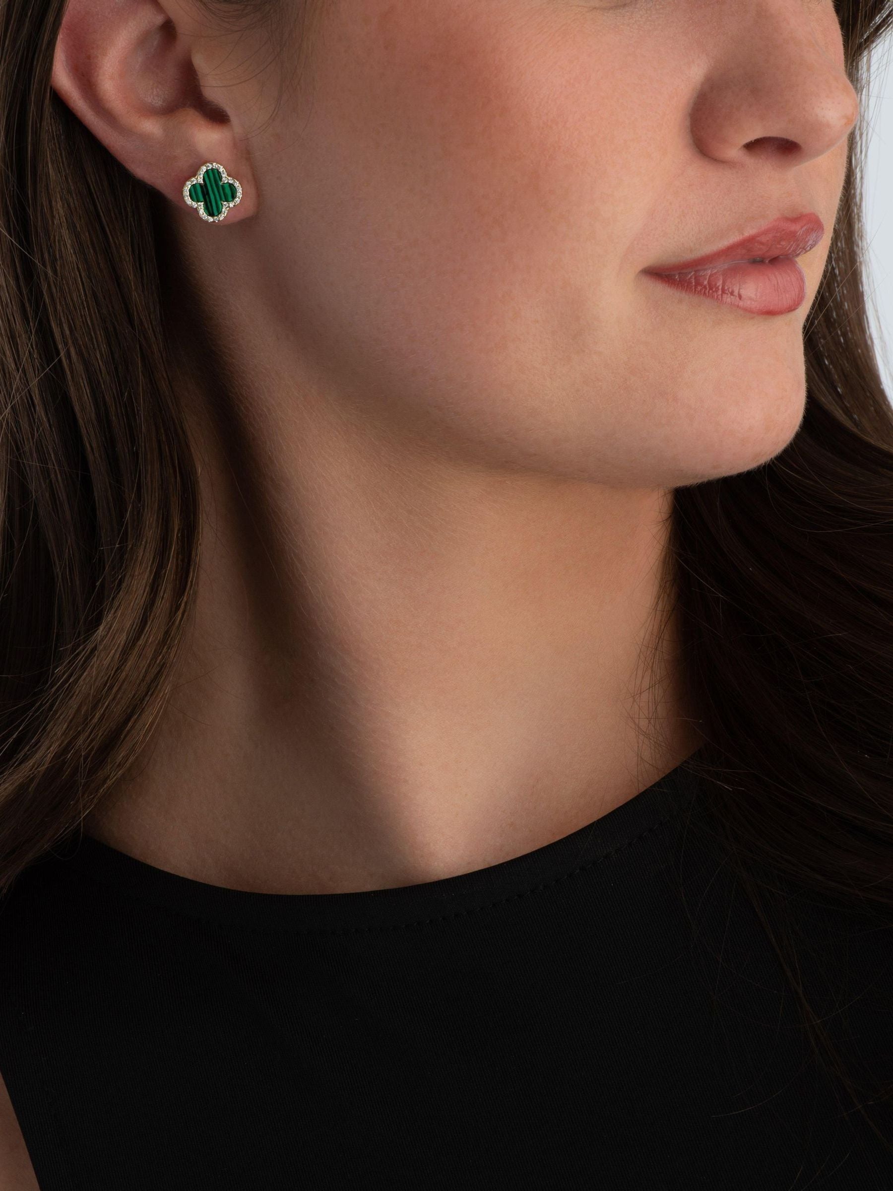 Beaverbrooks gold plated cubic zirconia malachite clover earrings 10mm - British product
