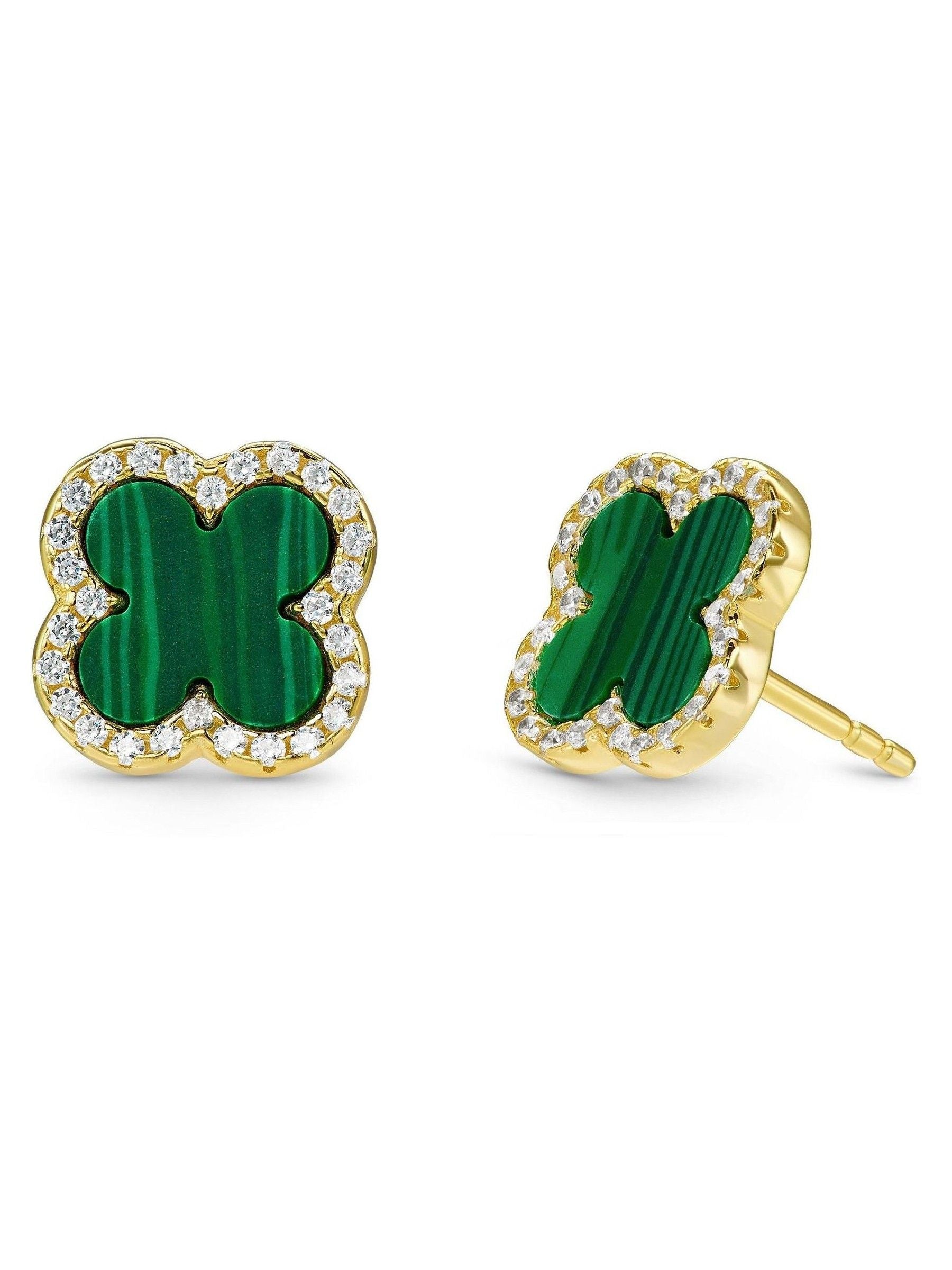 Beaverbrooks gold plated cubic zirconia malachite clover earrings 10mm - British product