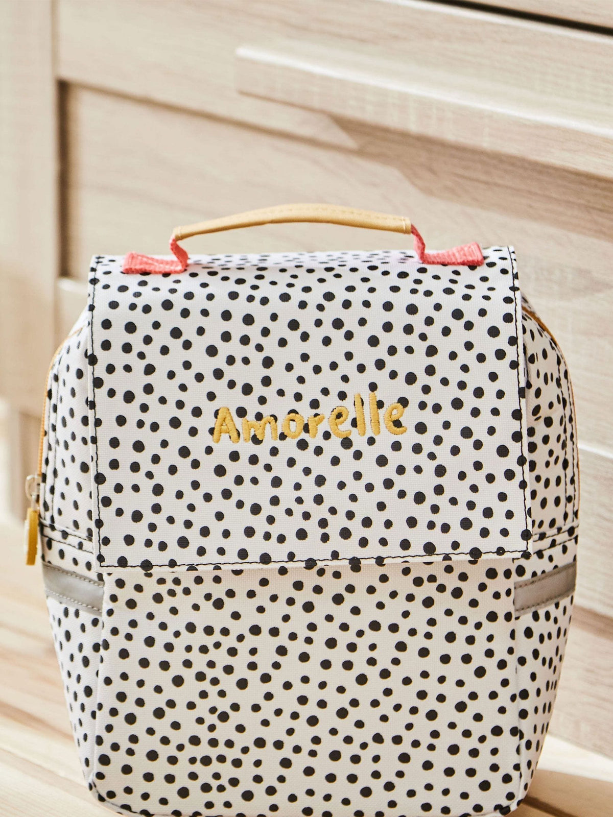 My 1st Years personalised black and white polka dot lunch bag (British brand)