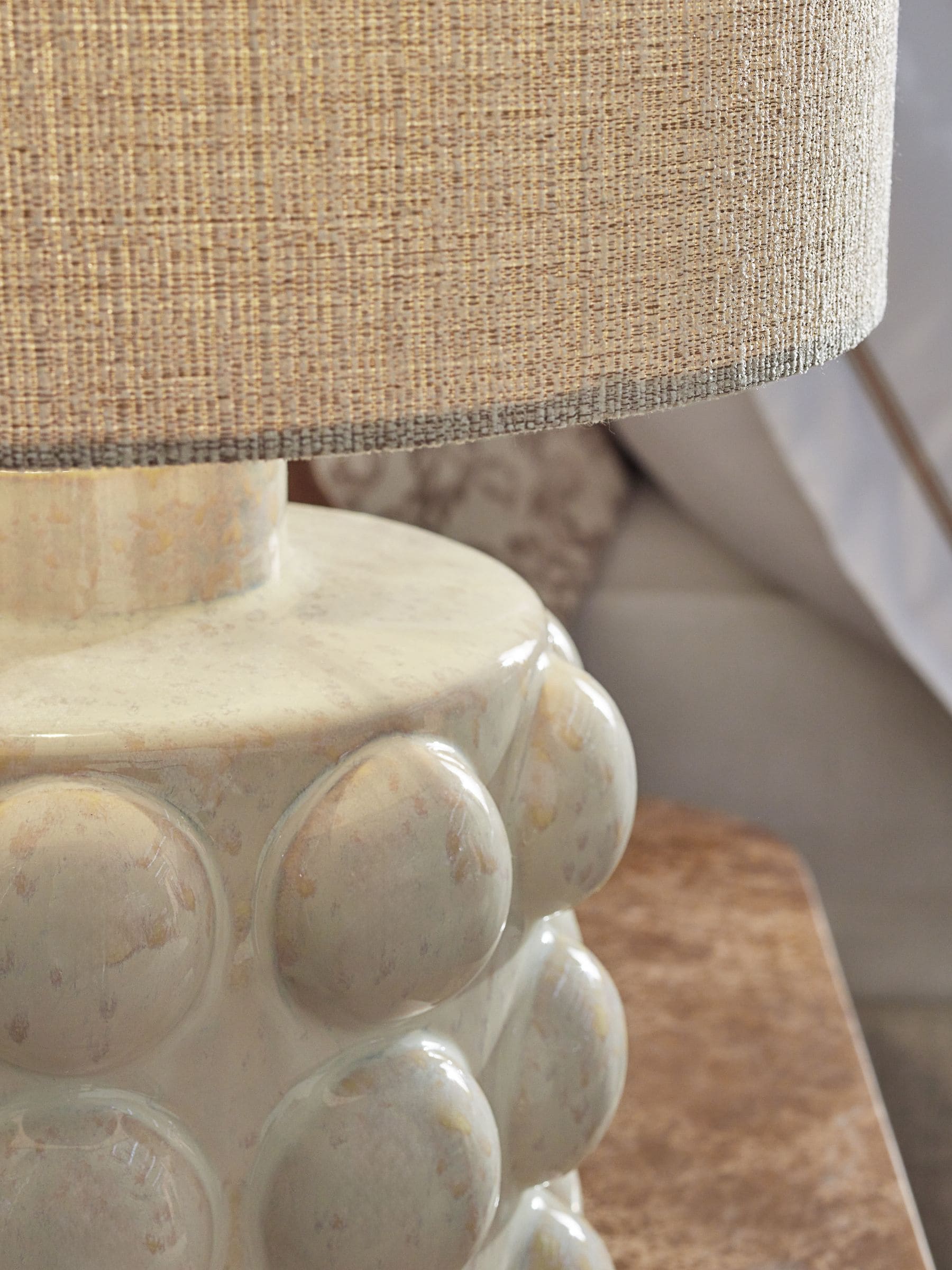 N. Premium bobble table lamp crackle glaze fabric shade, UK version