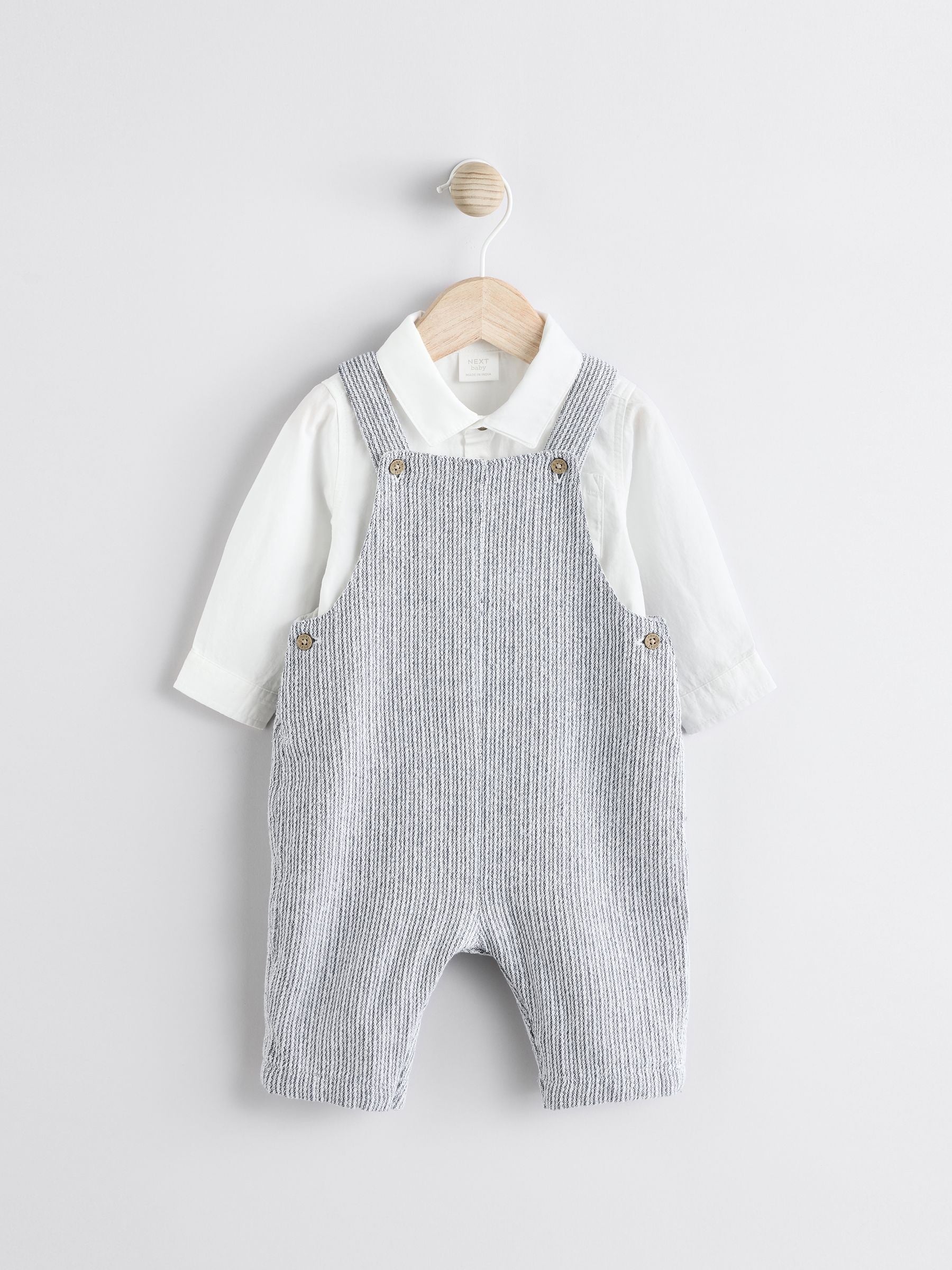 Baby dungaree and bodysuit set grey white cotton - British product