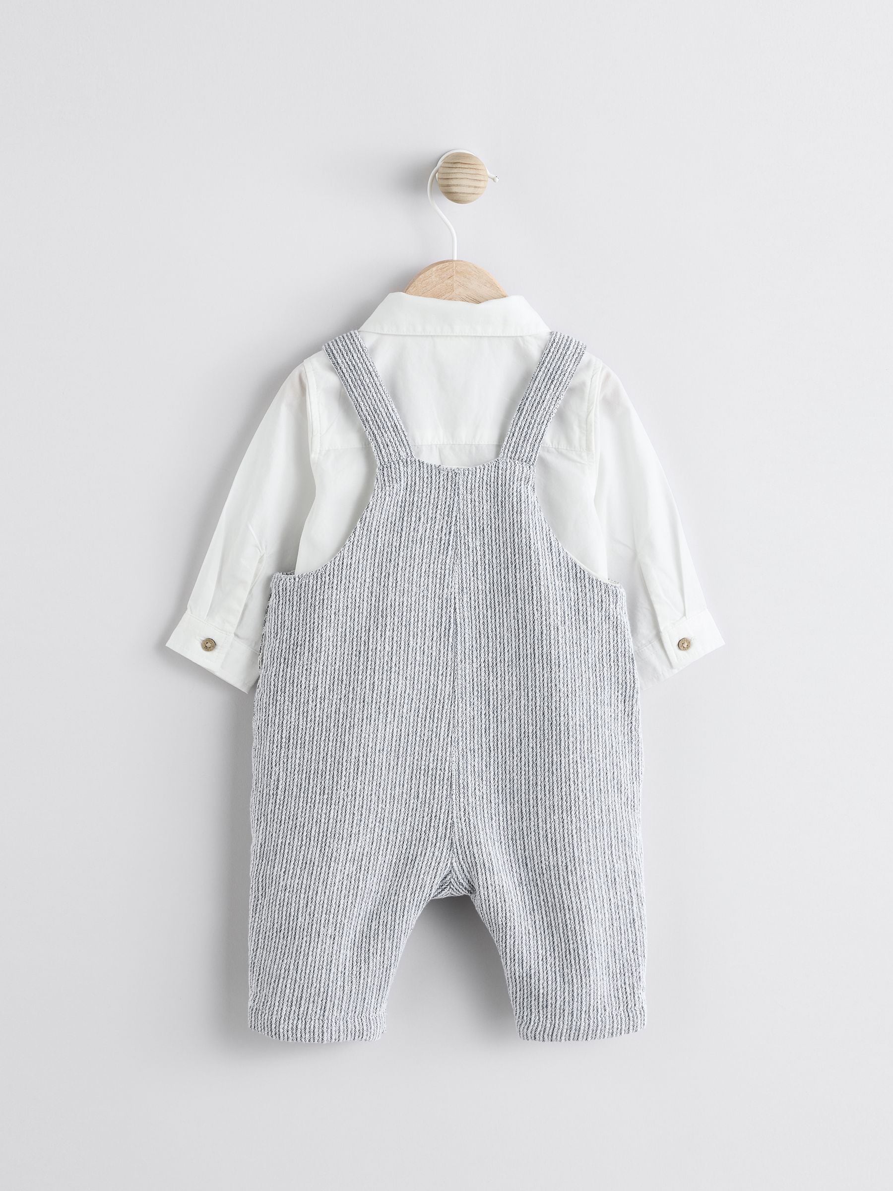 Baby dungaree and bodysuit set grey white cotton - British product