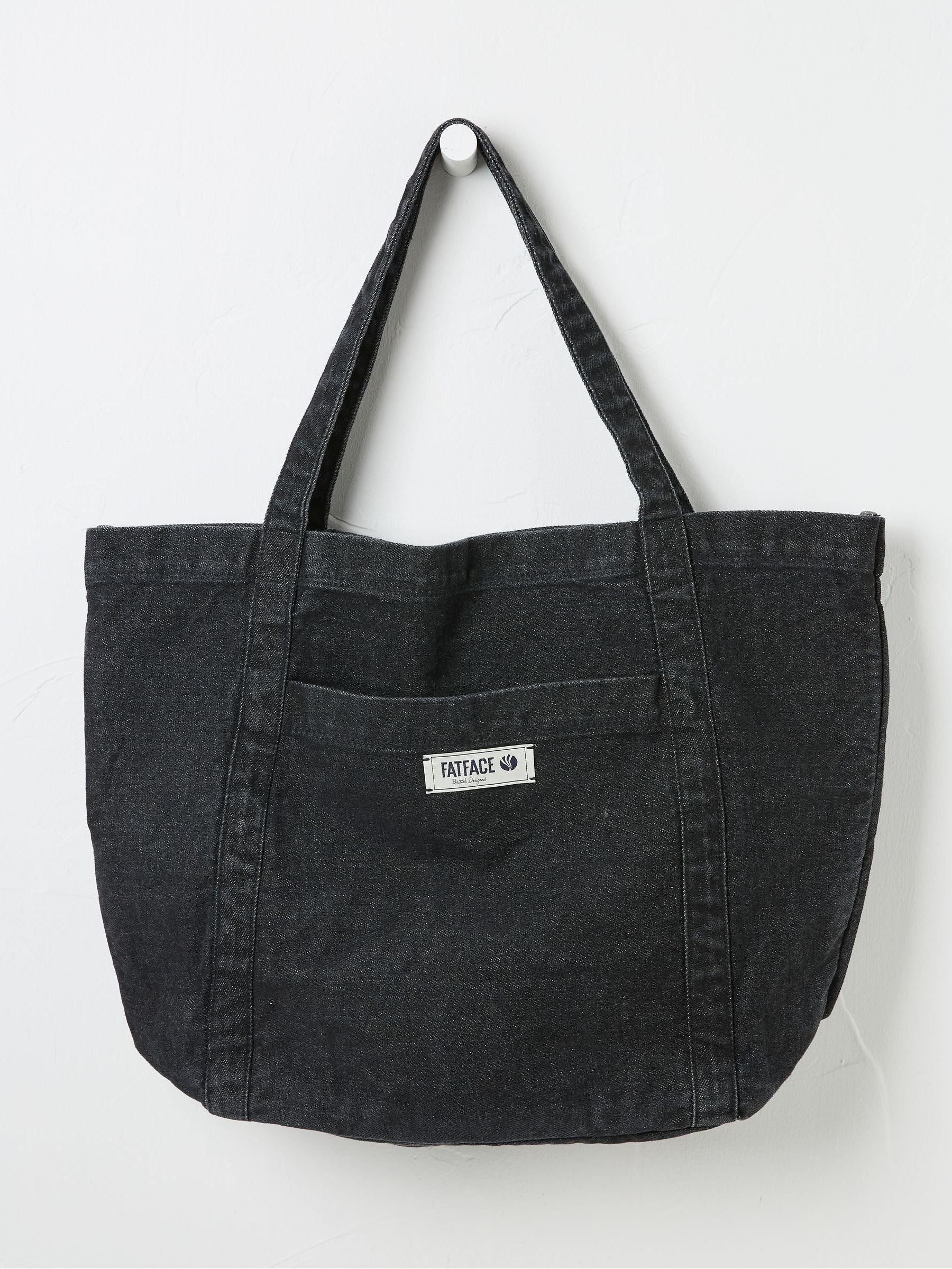 FatFace Astrid black cotton tote bag with front pocket, imported from the UK