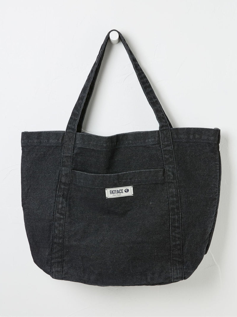 FatFace Astrid black cotton tote bag with front pocket, imported from the UK