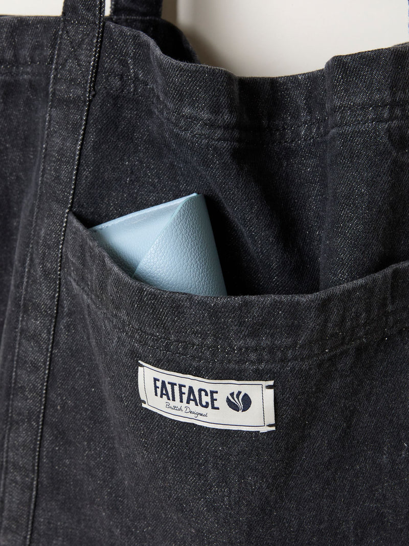 FatFace Astrid black cotton tote bag with front pocket, imported from the UK