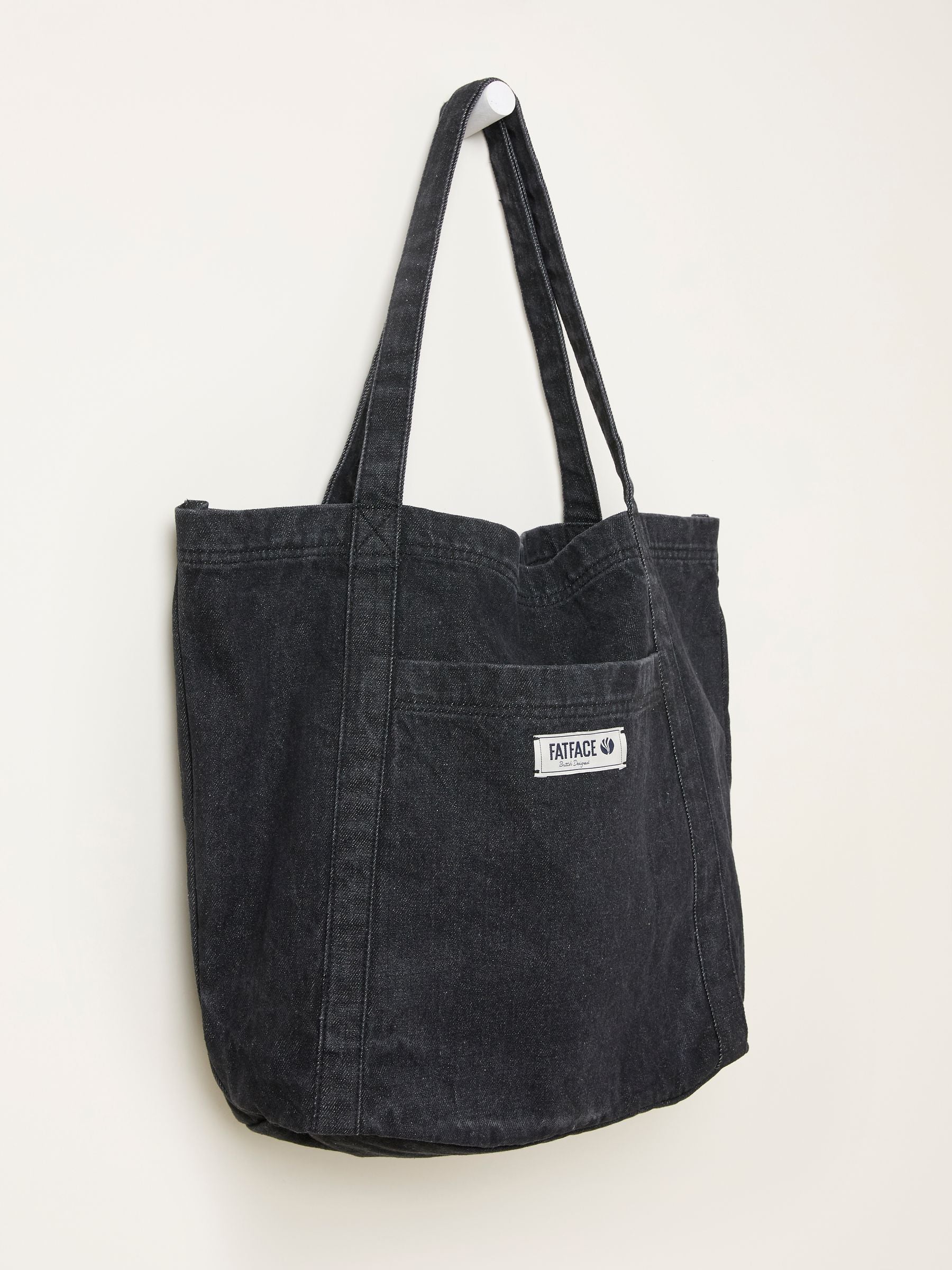 FatFace Astrid black cotton tote bag with front pocket, imported from the UK