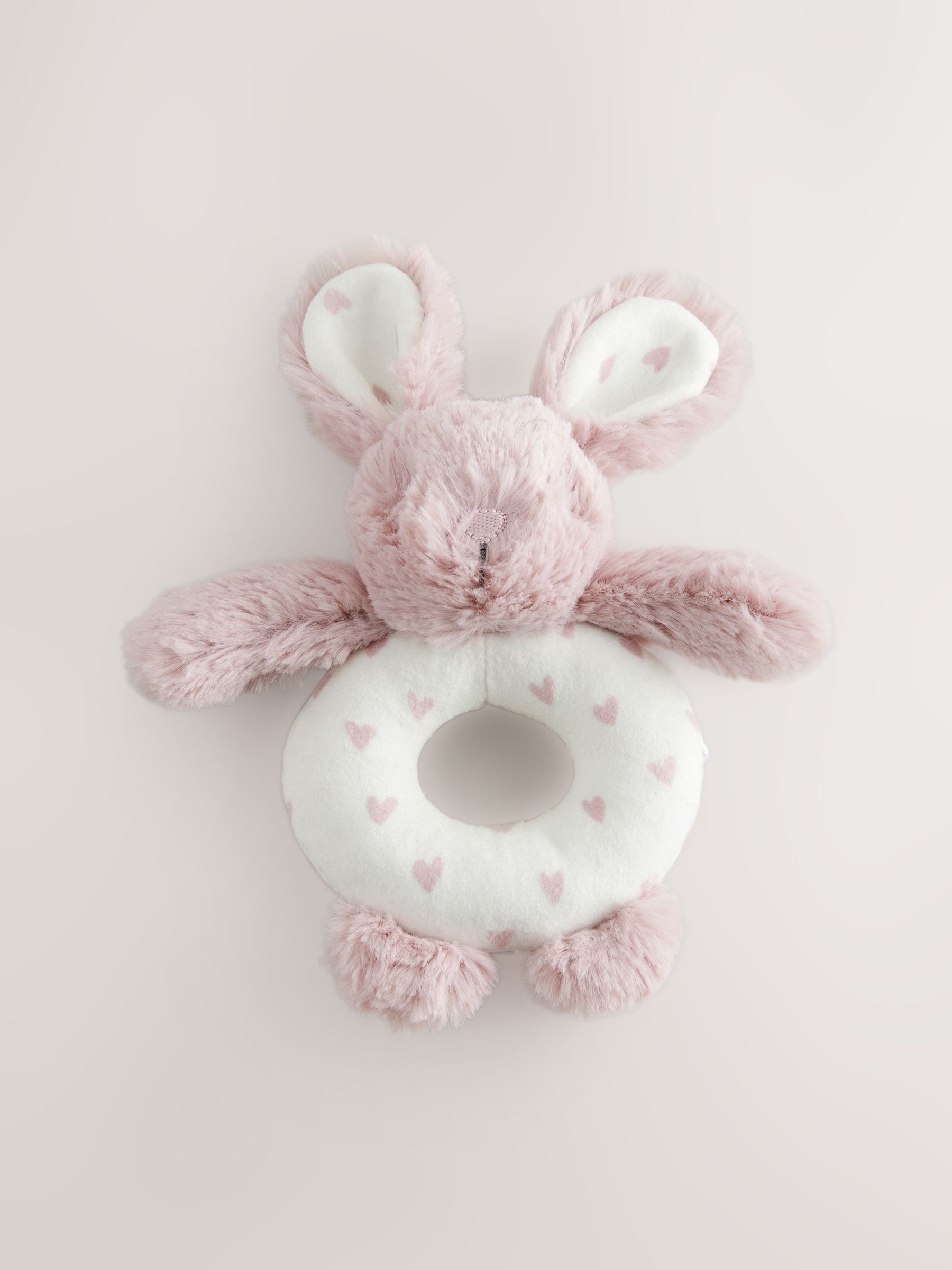 Pink Heart Bunny Baby Rattle soft fabric toy, imported from the UK
