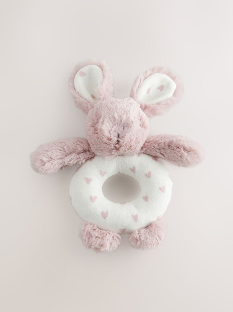 Pink Heart Bunny Baby Rattle soft fabric toy, imported from the UK