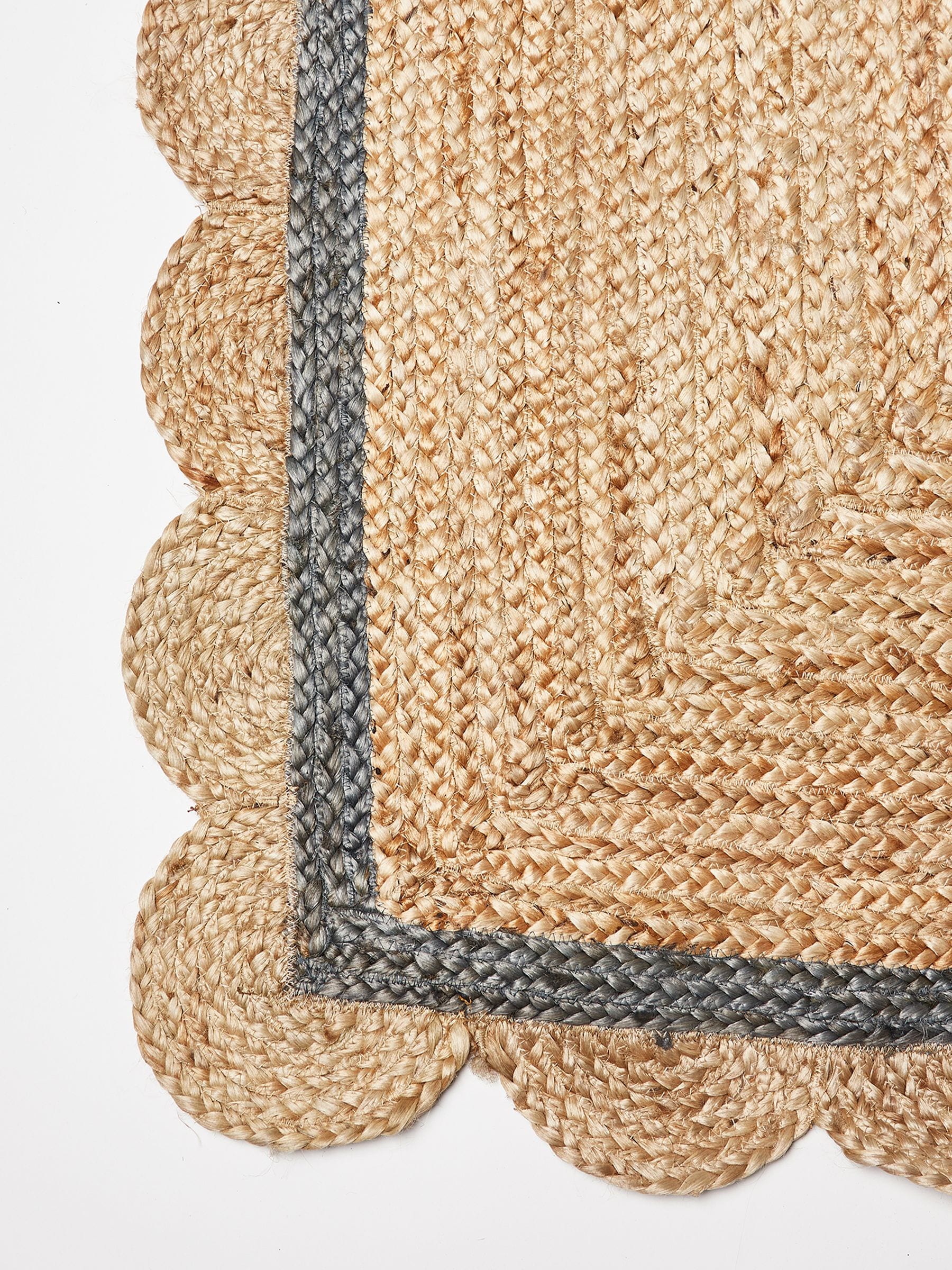 Oliver Bonas grey blue jute rug 140x200cm scalloped border British product