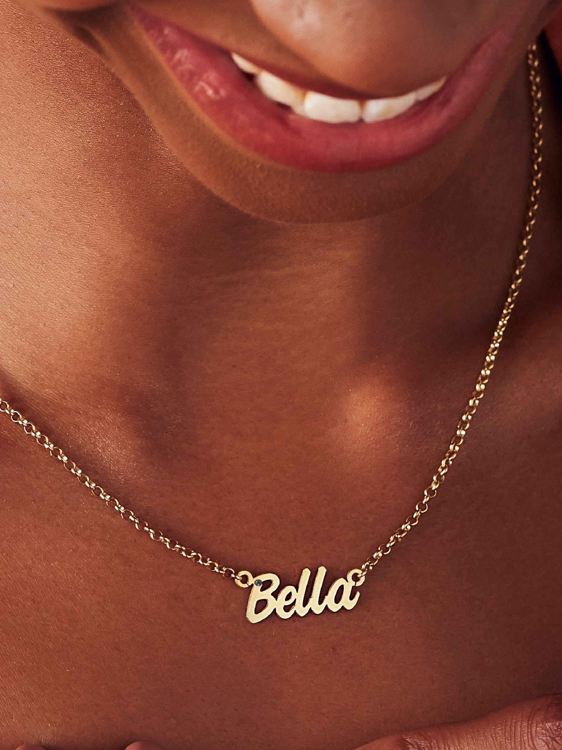 Posh Totty Designs personalised birthstone name necklace, imported from the UK