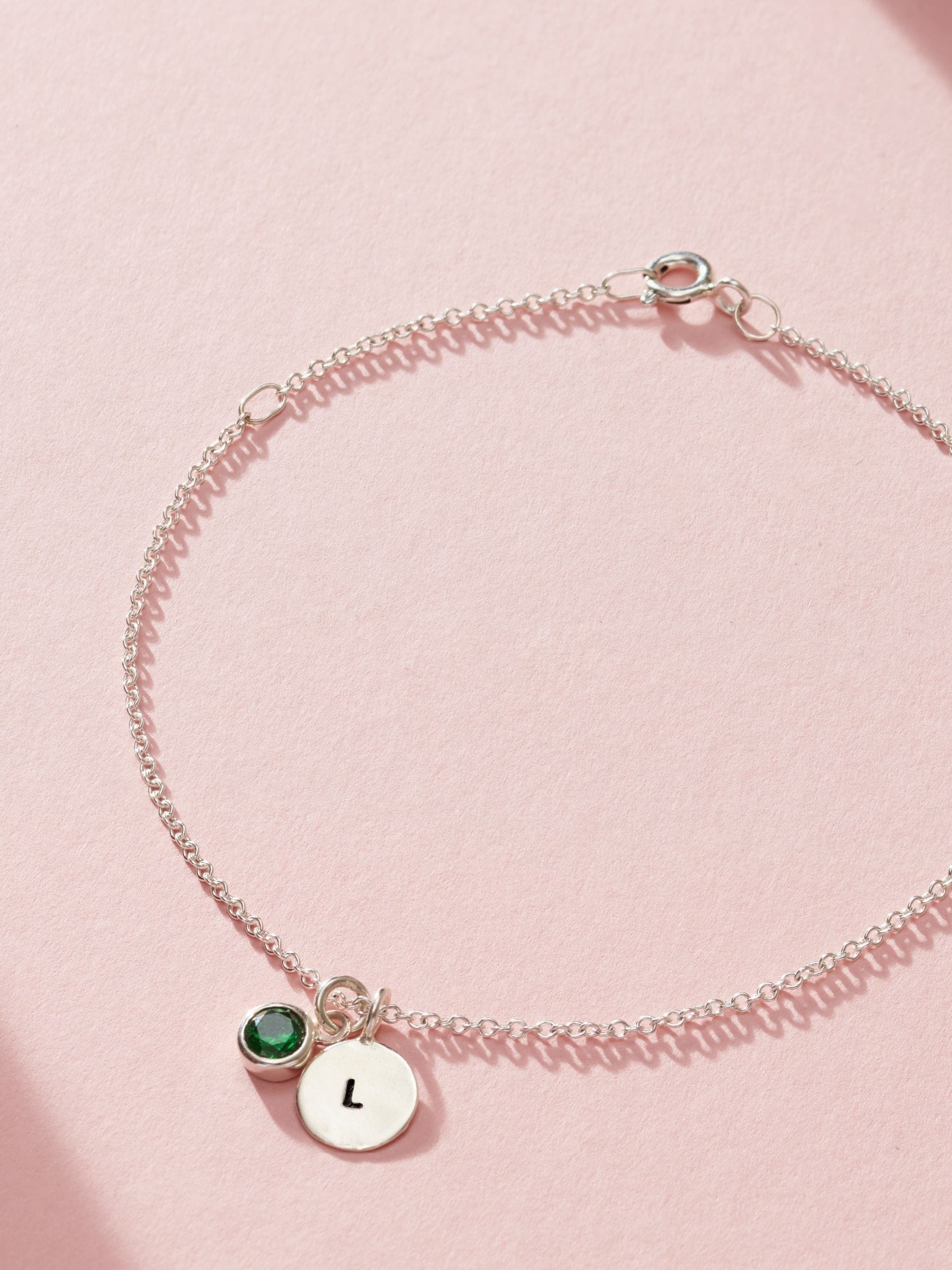 Posh Totty Designs personalised birthstone initial disc charm bracelet 19cm, imported from the UK