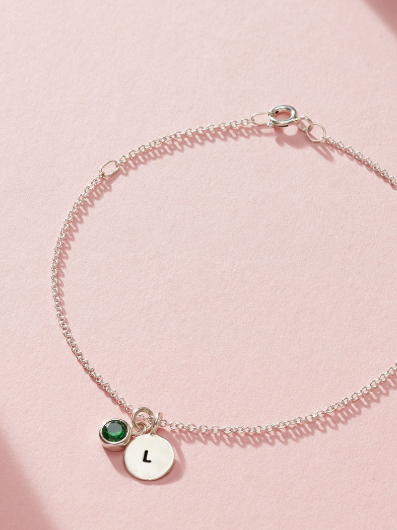 Posh Totty Designs personalised birthstone initial disc charm bracelet 19cm, imported from the UK