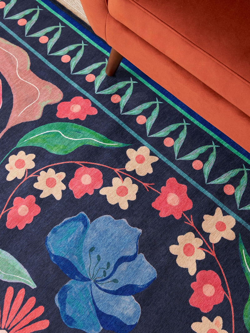 Blue washable Bettie floral rug machine washable, imported from the UK
