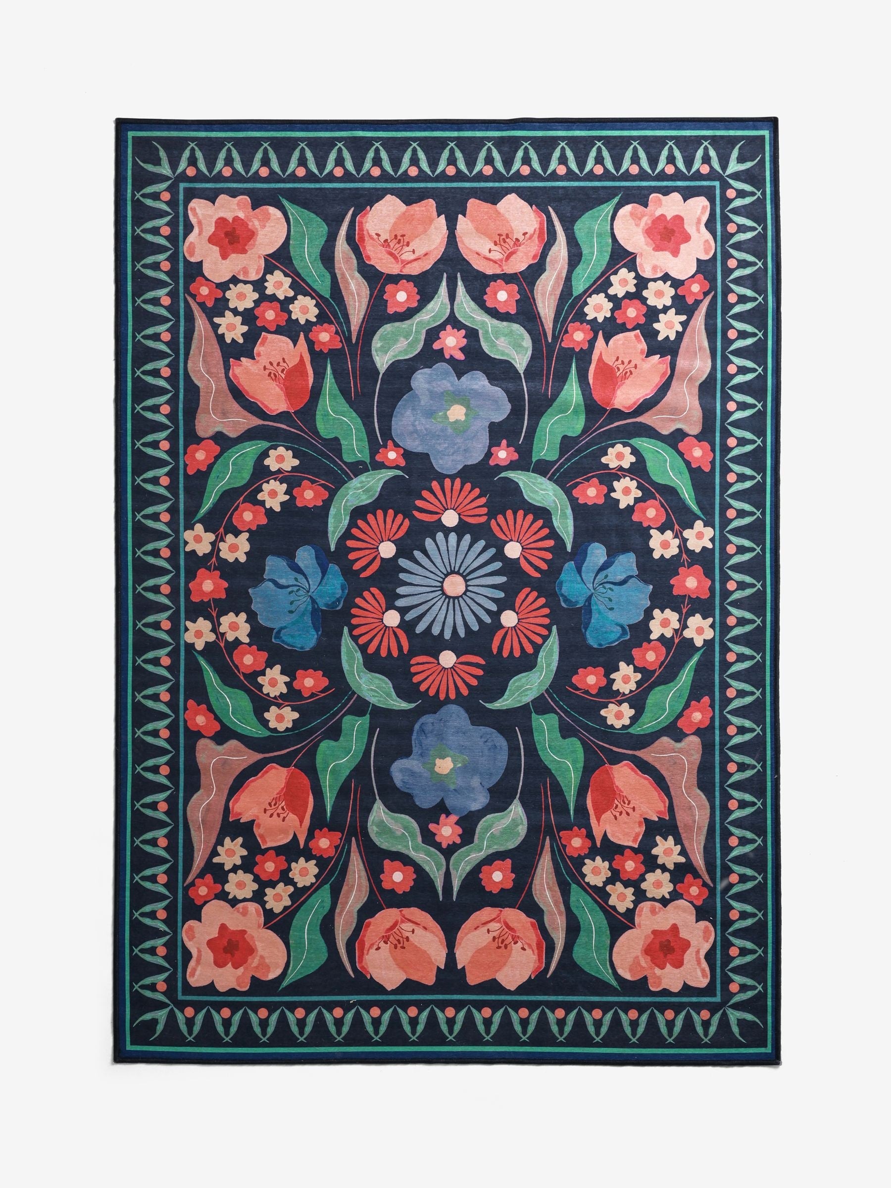 Blue washable Bettie floral rug machine washable, imported from the UK