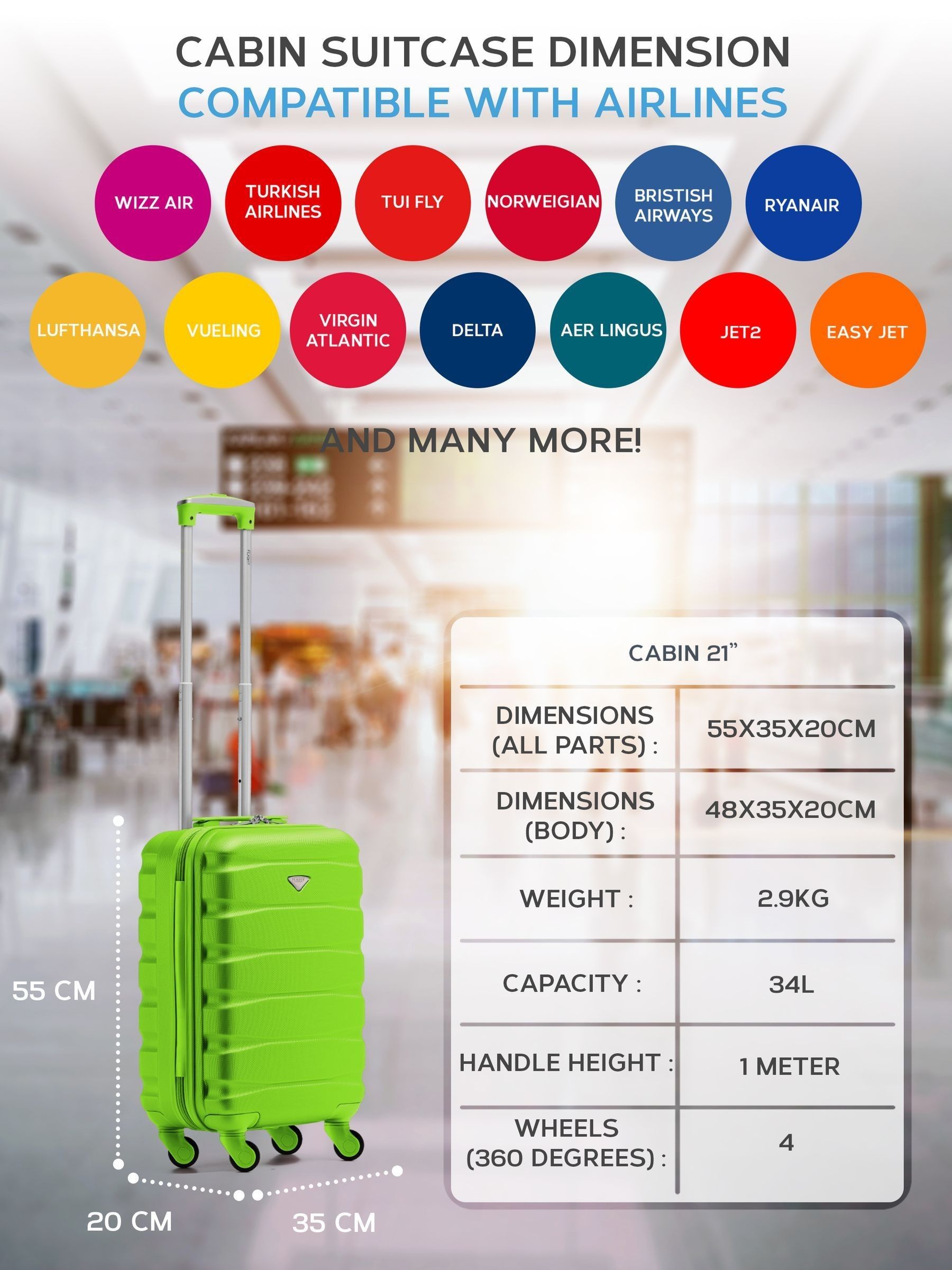 Flight Knight green hard shell cabin suitcase 21 inch, UK version