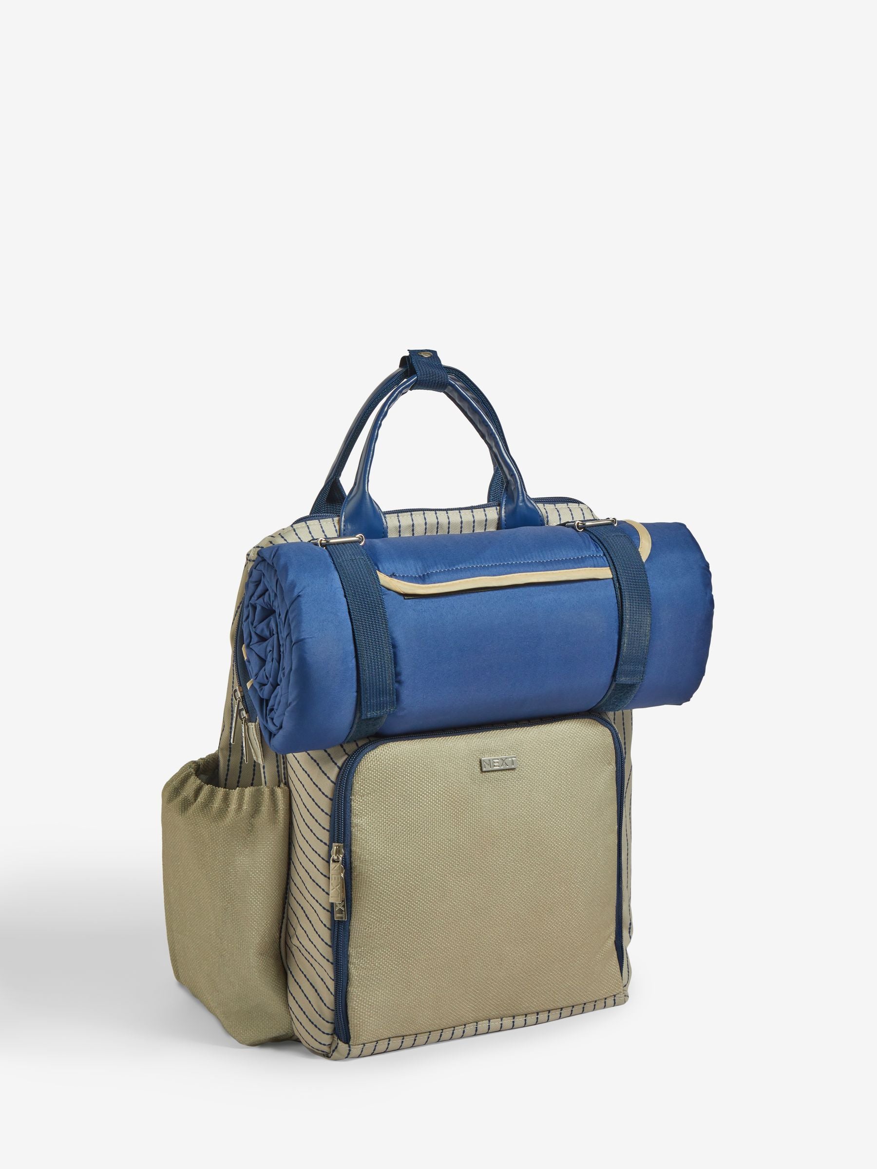 Blue and neutral Mediterranean picnic backpack for 4 persons - British product