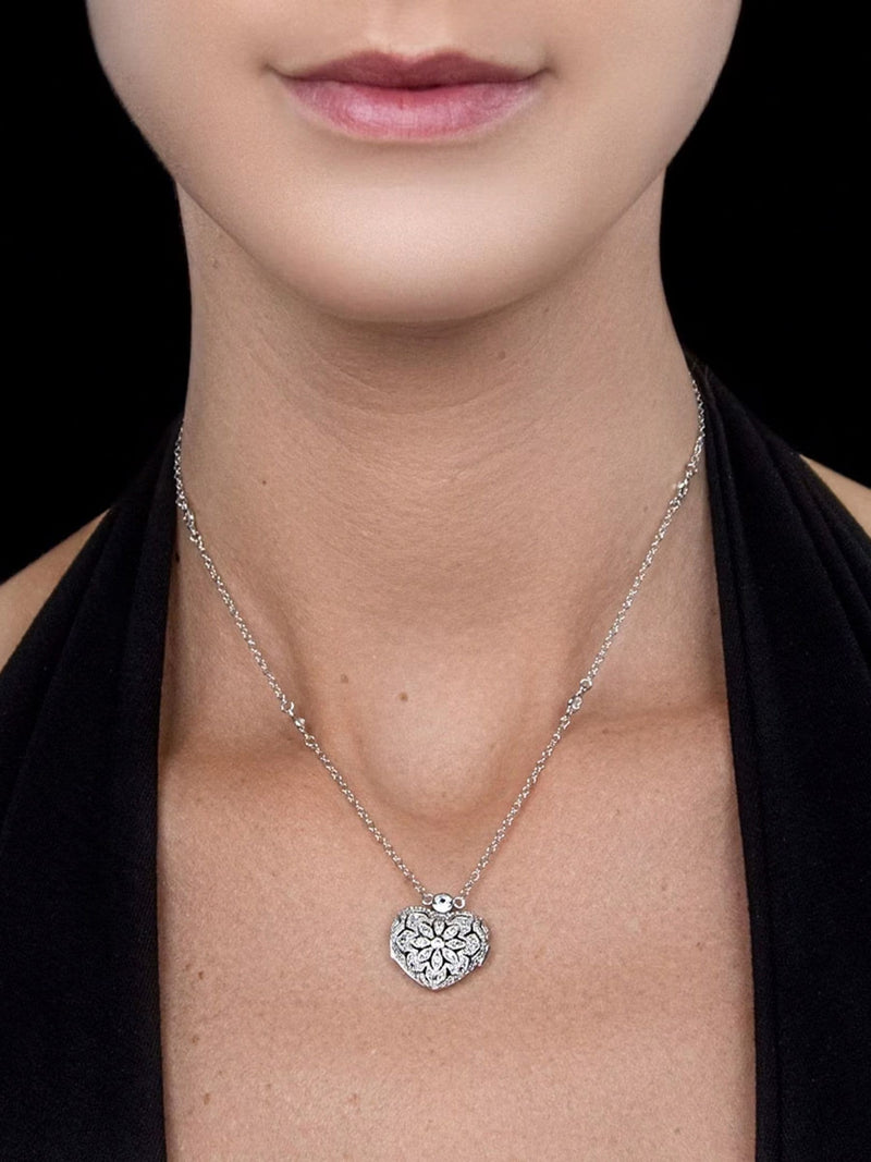 Sterling Silver Heart Locket Necklace with Lab-Grown Diamond and White Topaz Gems