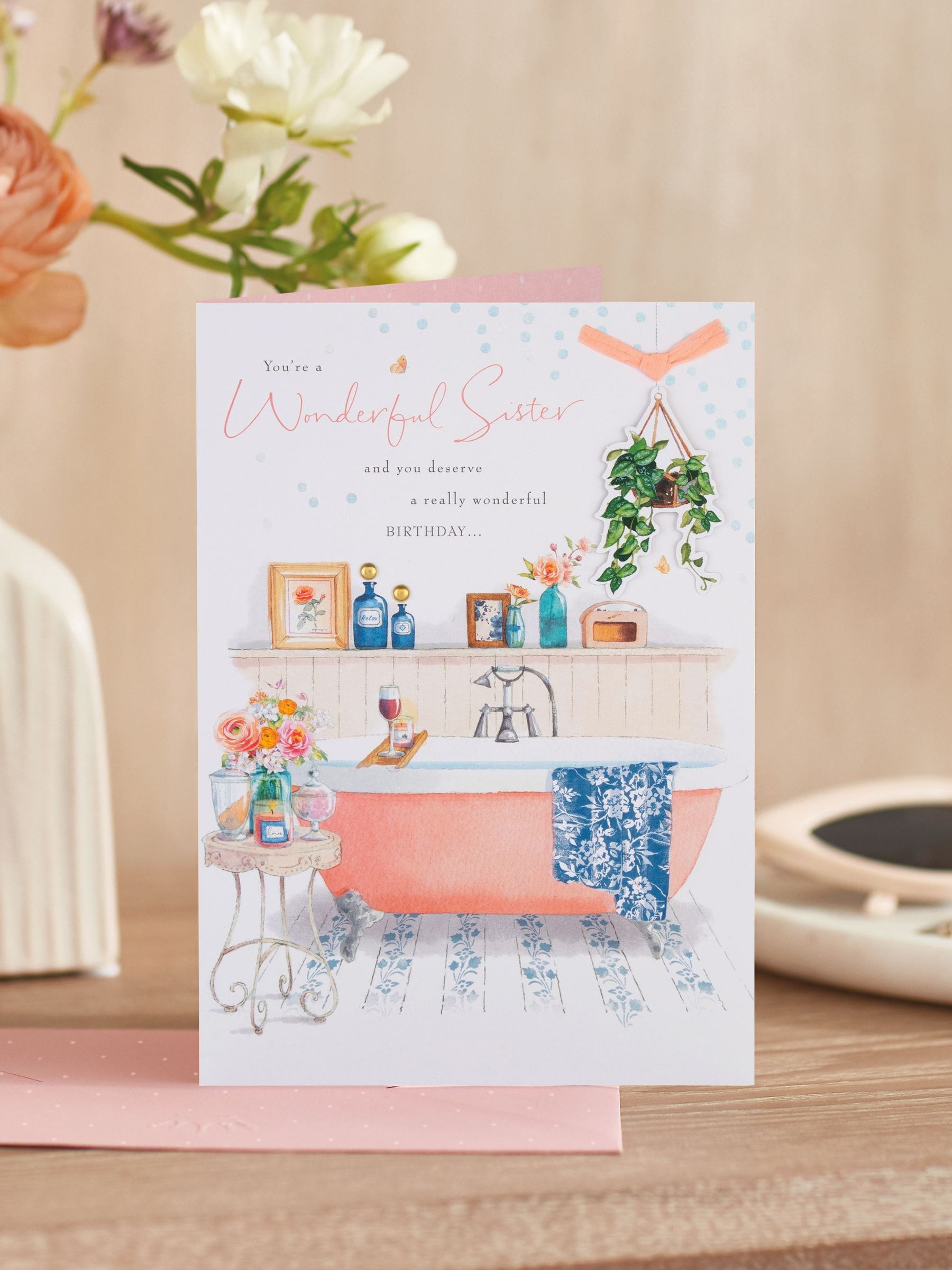Hallmark sister birthday card with bath illustration, UK version