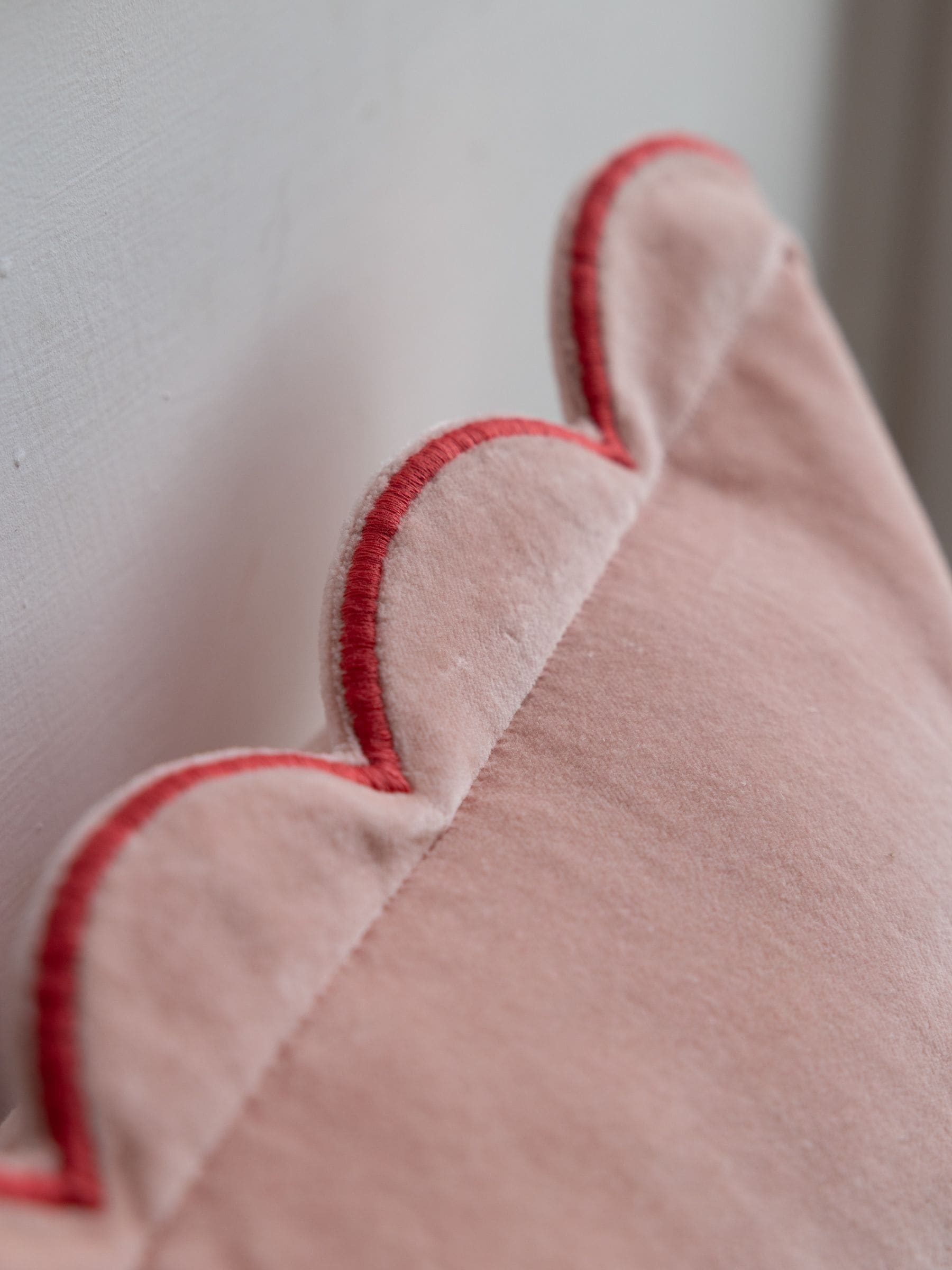 Rockett St George pink scalloped velvet slogan cushion 30x50cm (British brand)