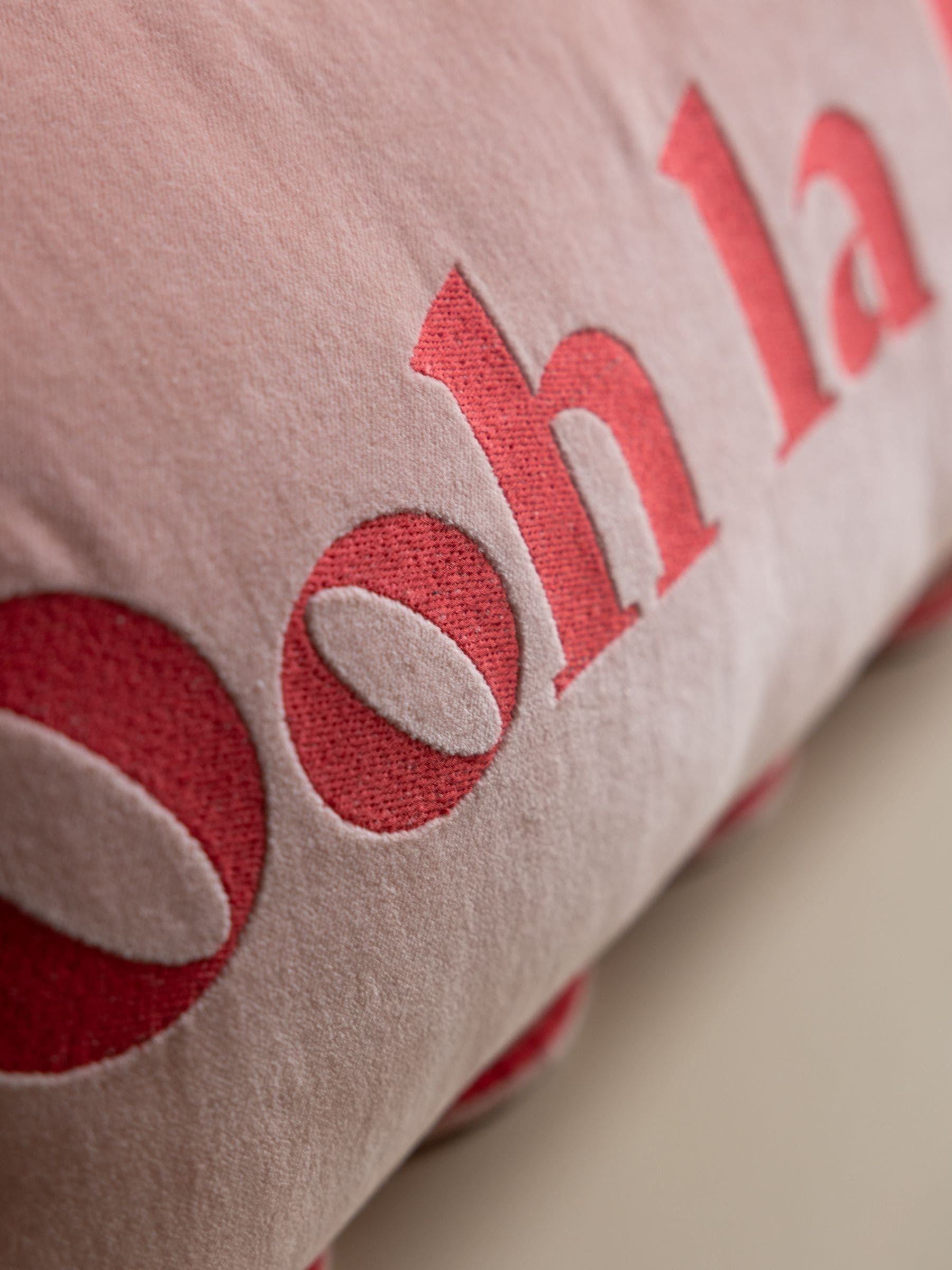 Rockett St George pink scalloped velvet slogan cushion 30x50cm (British brand)